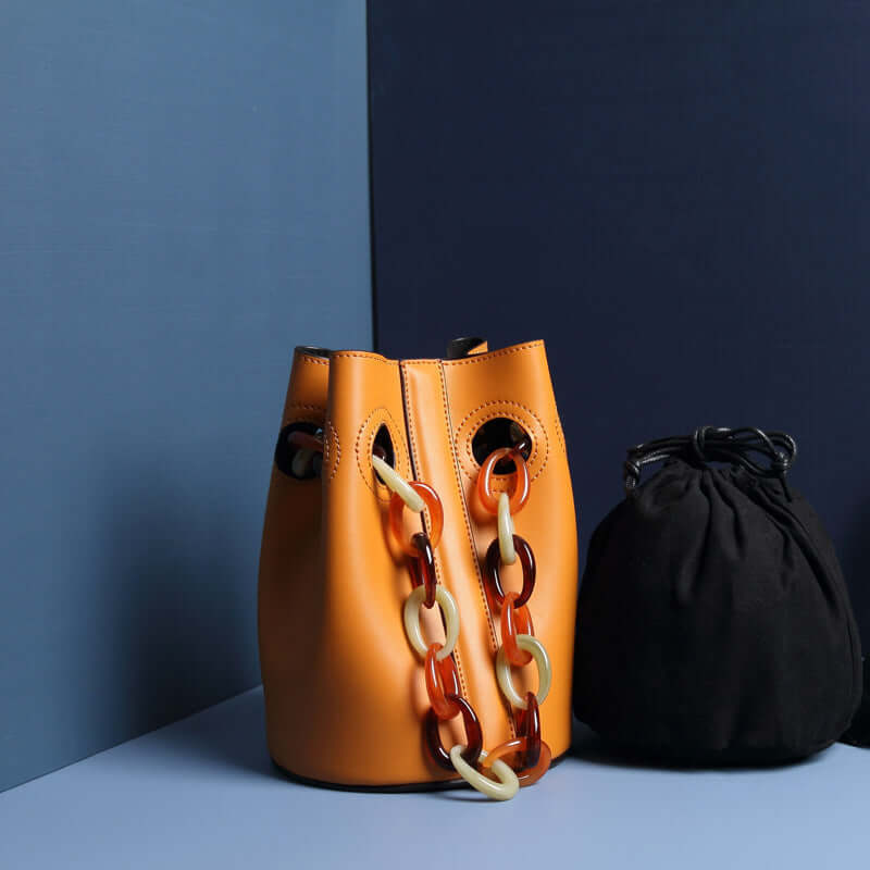 leather chain drop bucket bag