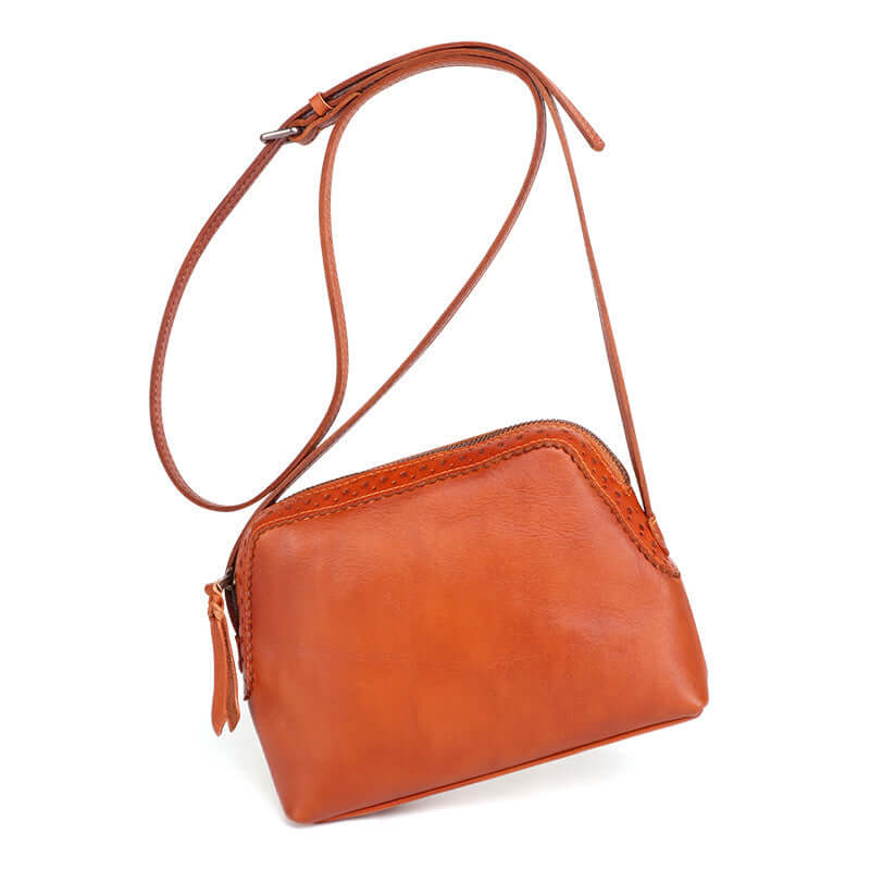 A brown leather crossbody bag