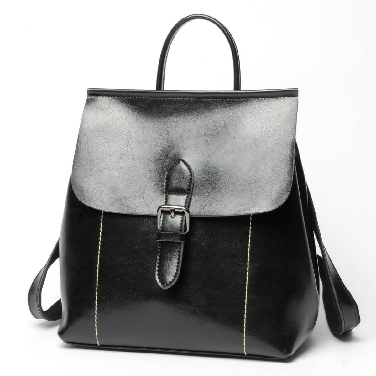 A black wax leather backpack with a zipper closure, a front pocket, and an adjustable shoulder strap.