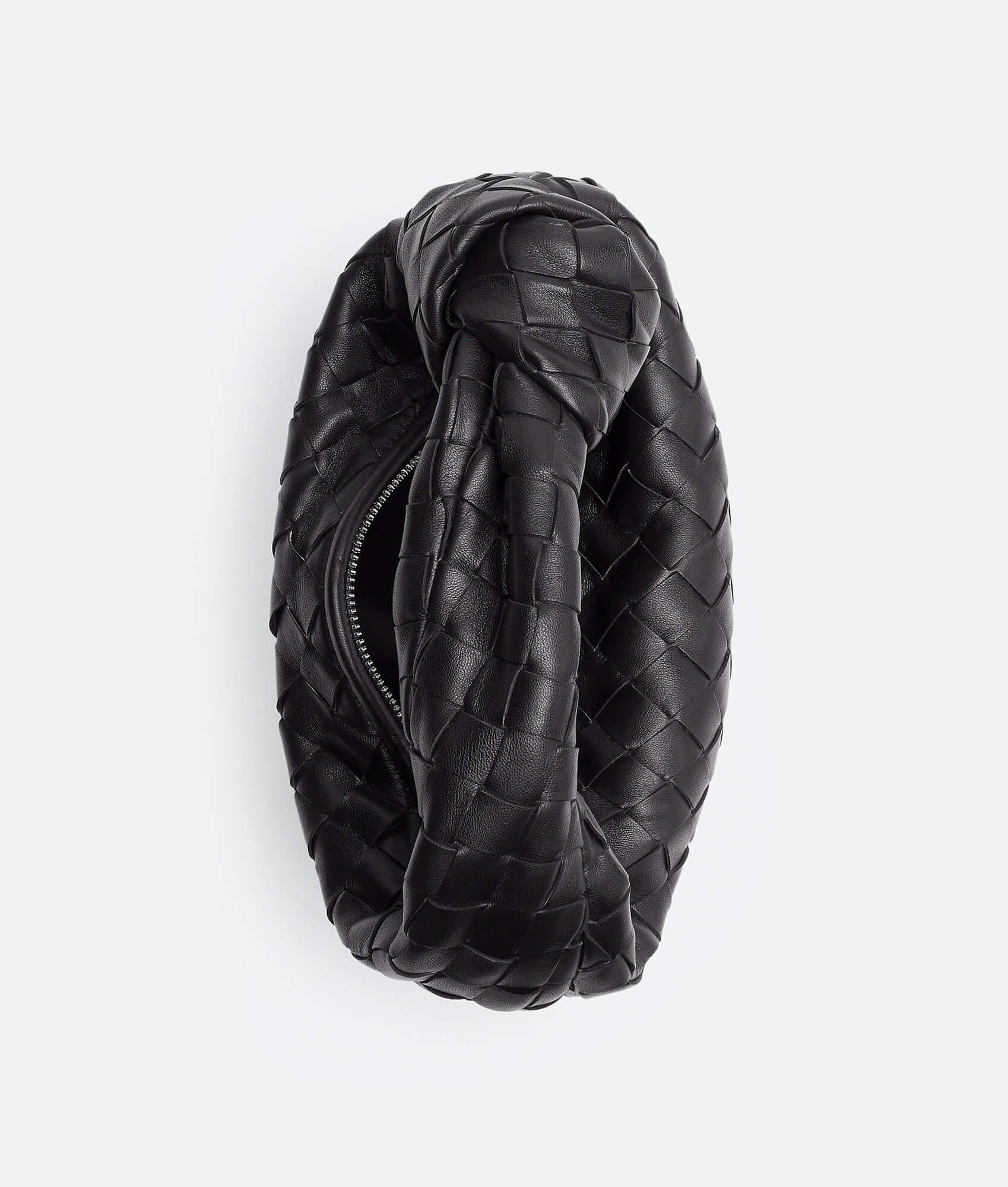 A black woven handbag inspired by the Bottega Mini Jodie design, featuring a compact and rounded shape.