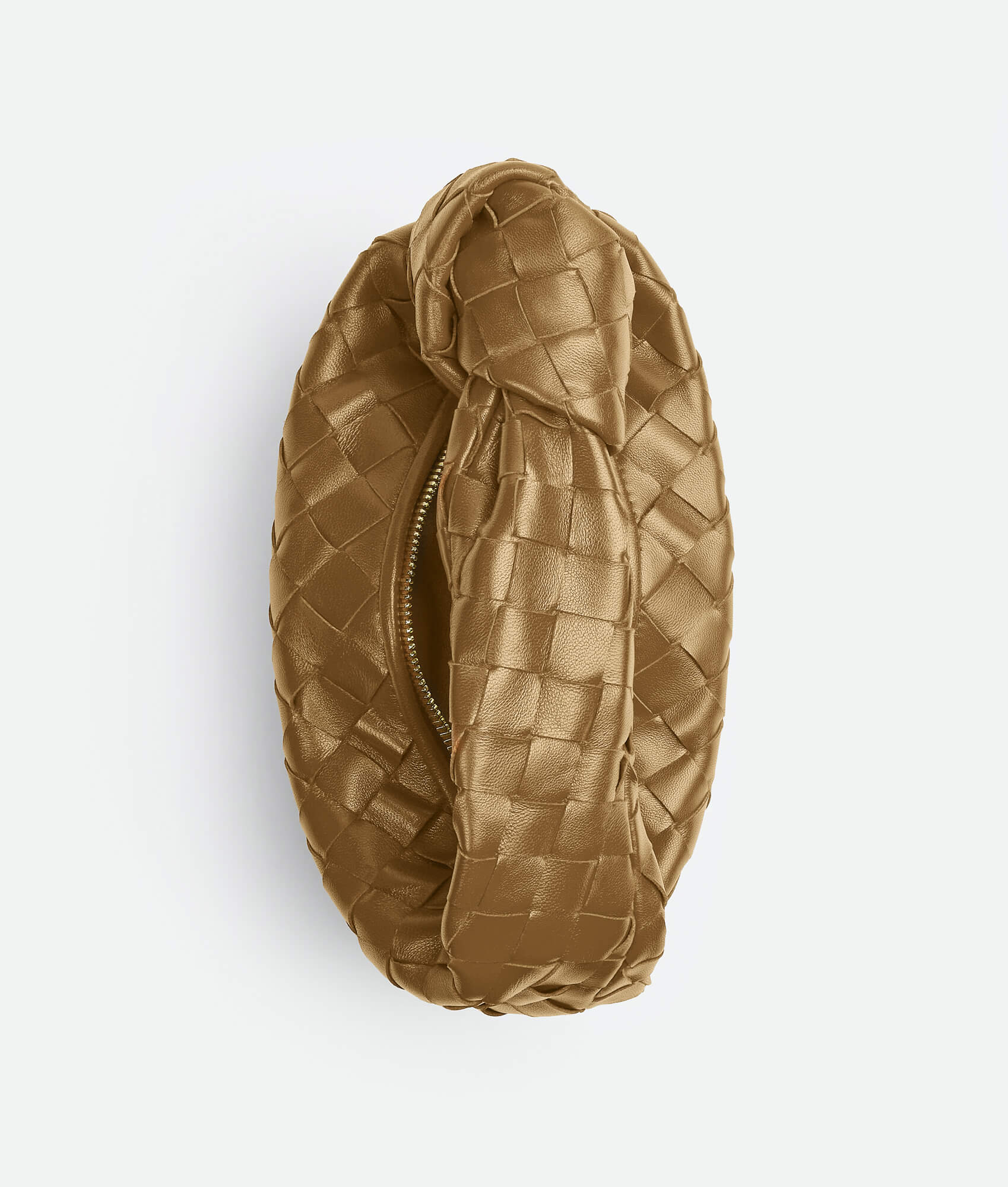 A brown woven handbag inspired by the Bottega Mini Jodie design, featuring a compact and rounded shape.