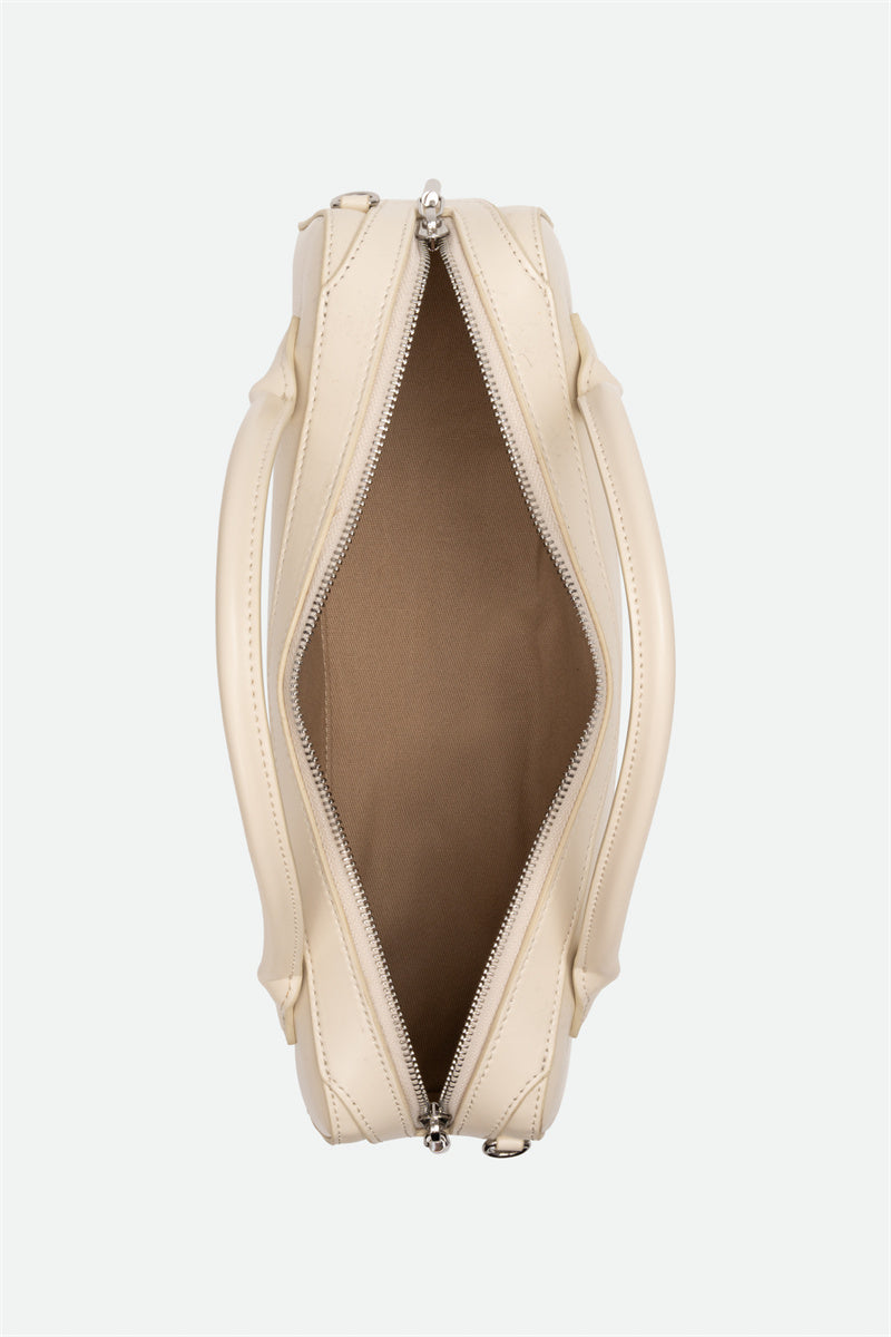 Beige handbag with a zipper on a white background