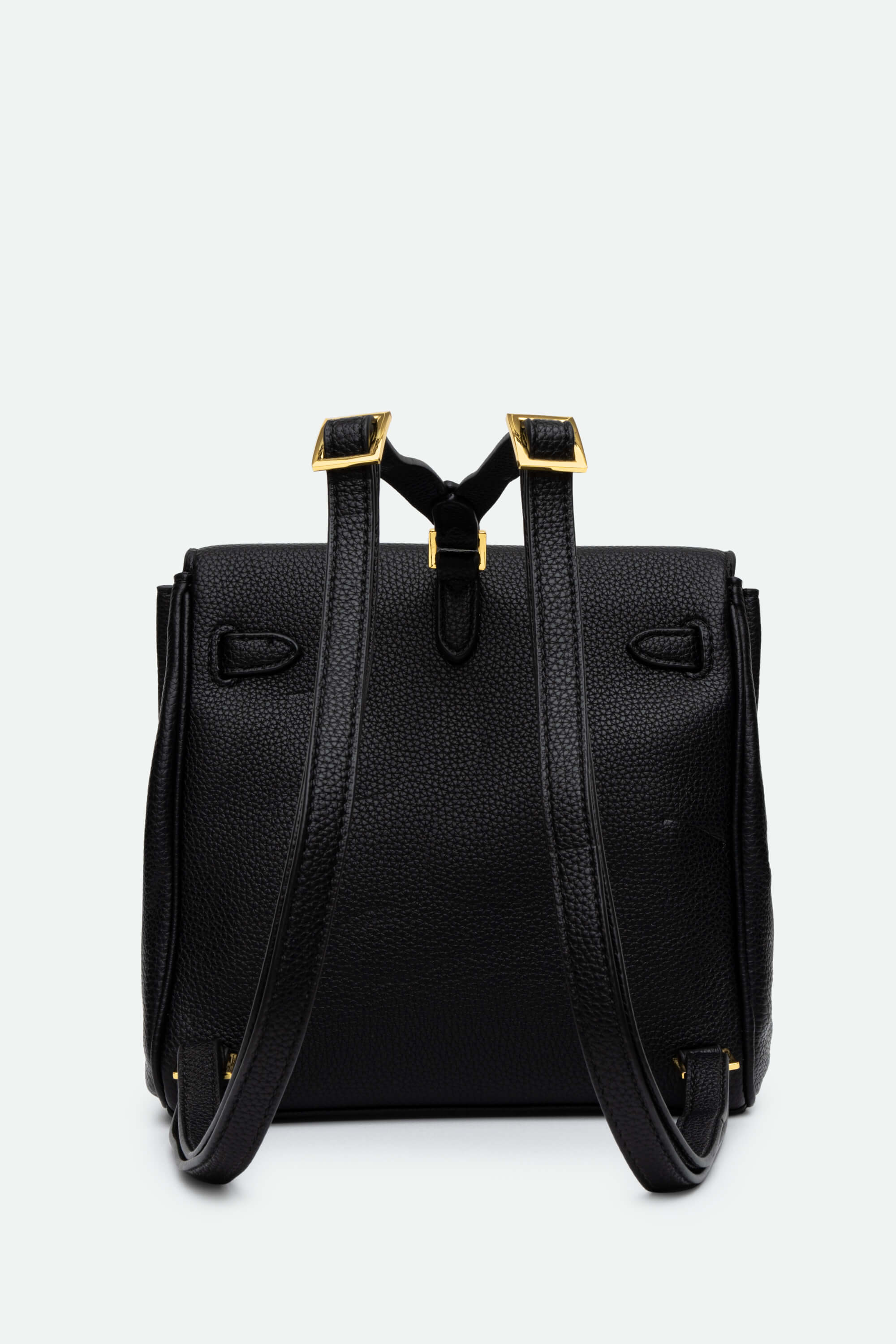 Black backpack with gold accents on a white background