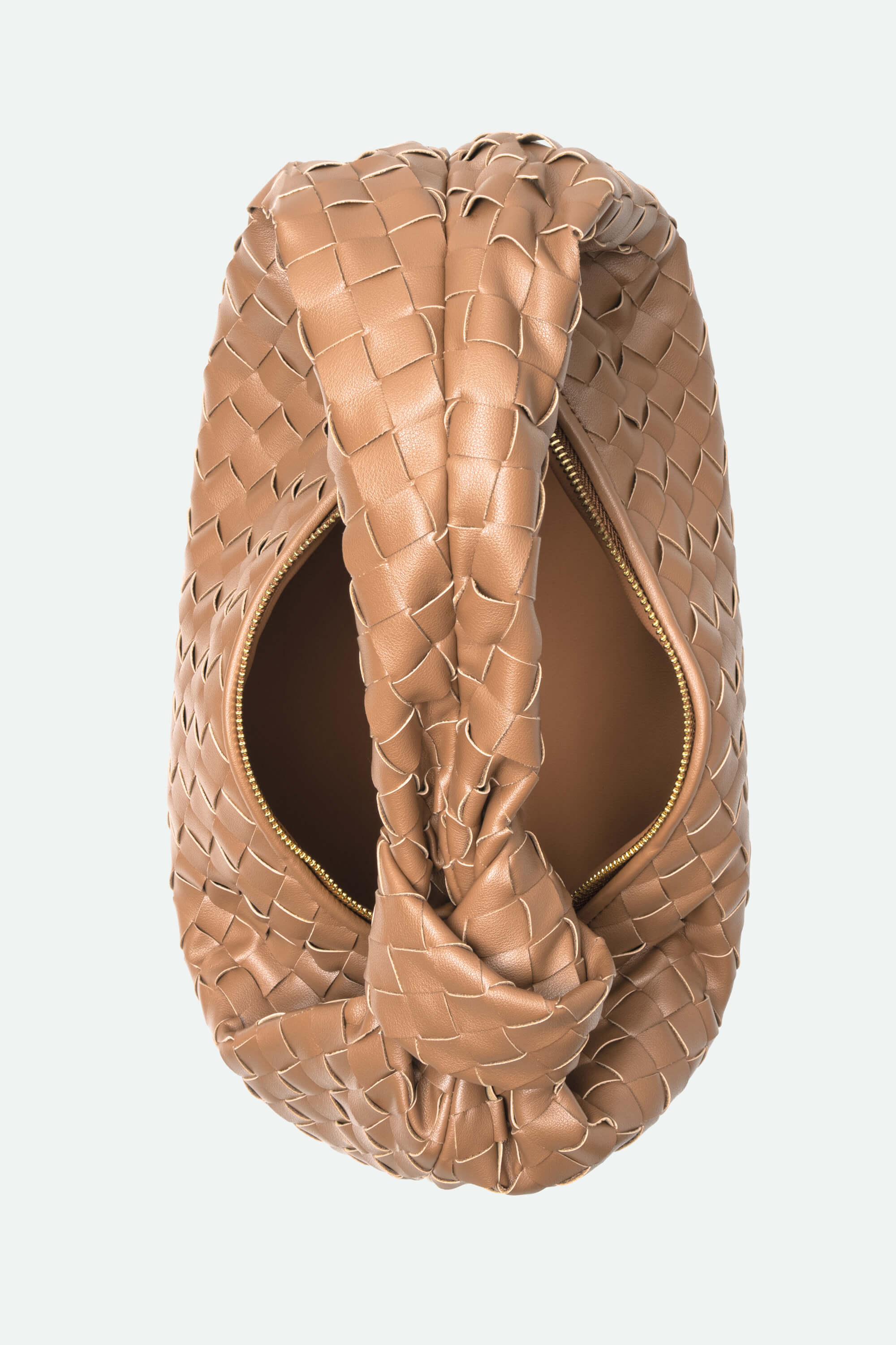 Brown woven handbag on a light gray background