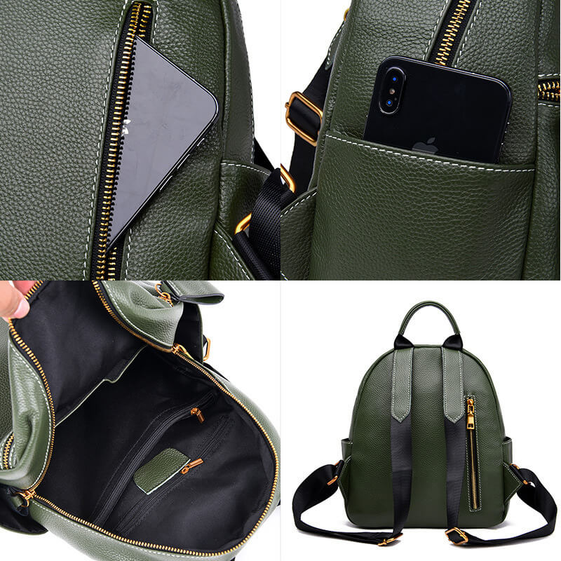 Green leather backpack with gold-tone hardware, featuring a front zipper pocket and adjustable straps.