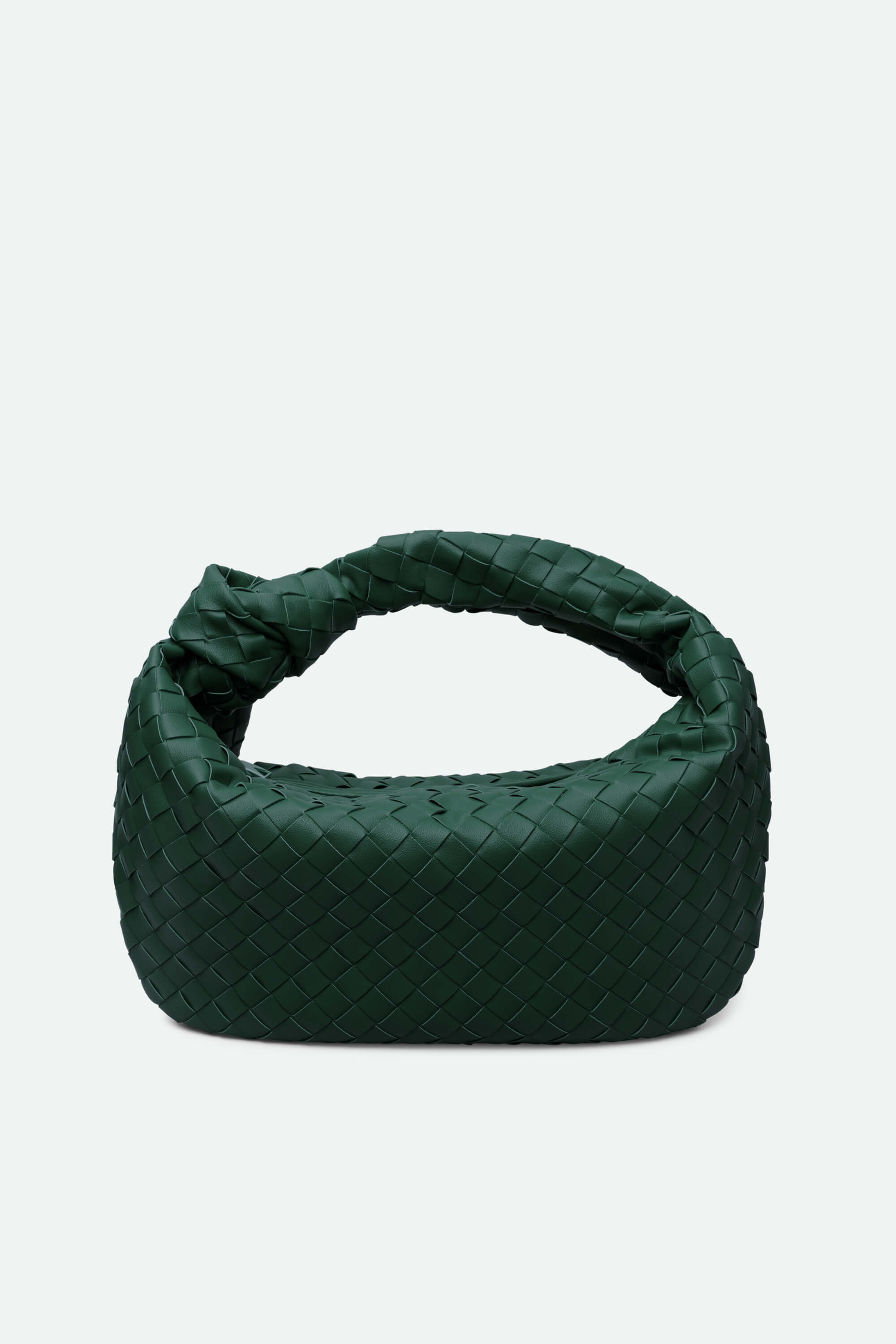 Green woven handbag on a light gray background