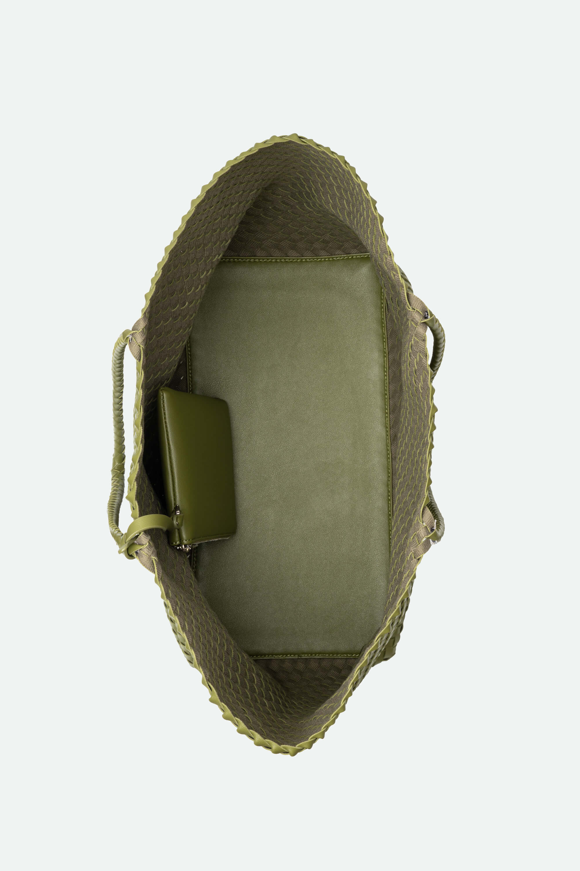 Inside view of a green woven bag