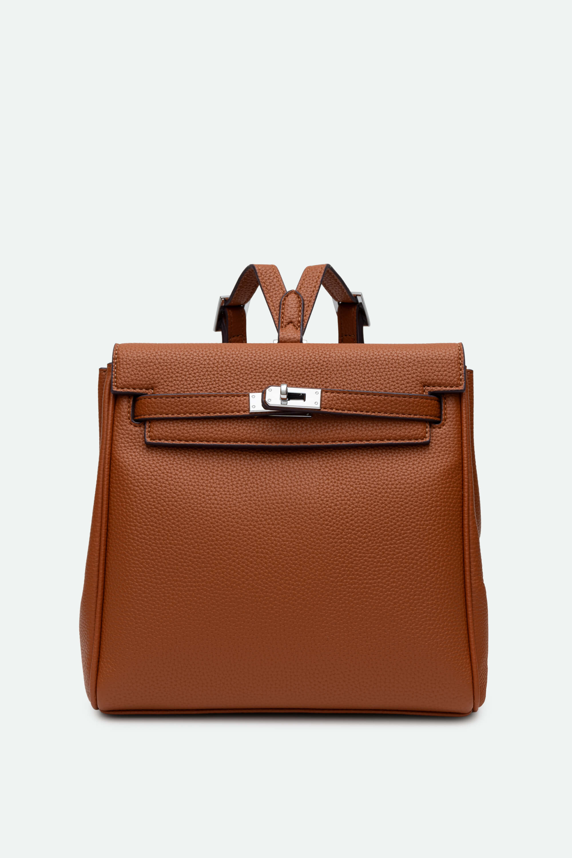 Brown leather backpack with silver clasp on a light gray background