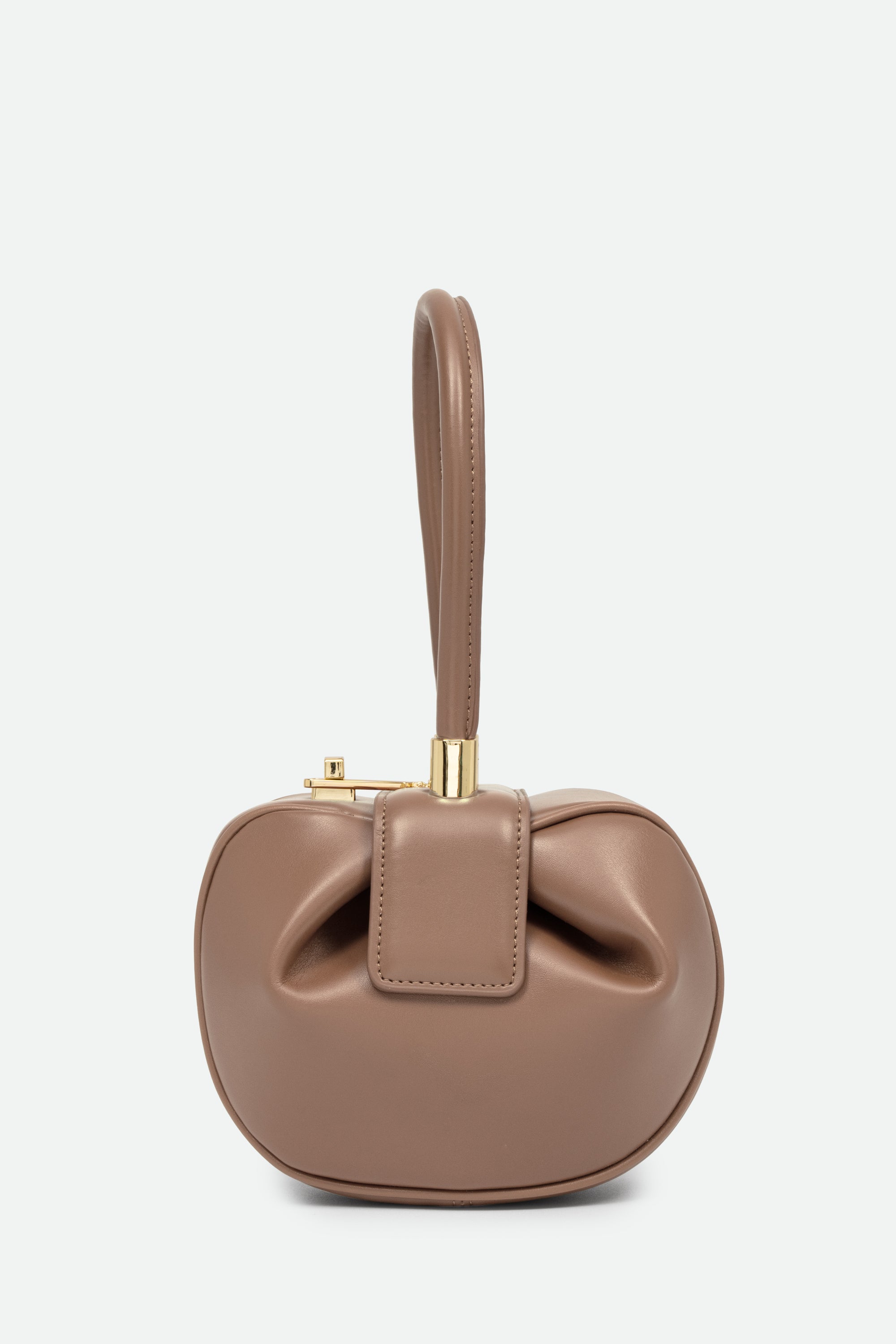 Brown handbag with a bow detail on a light gray background