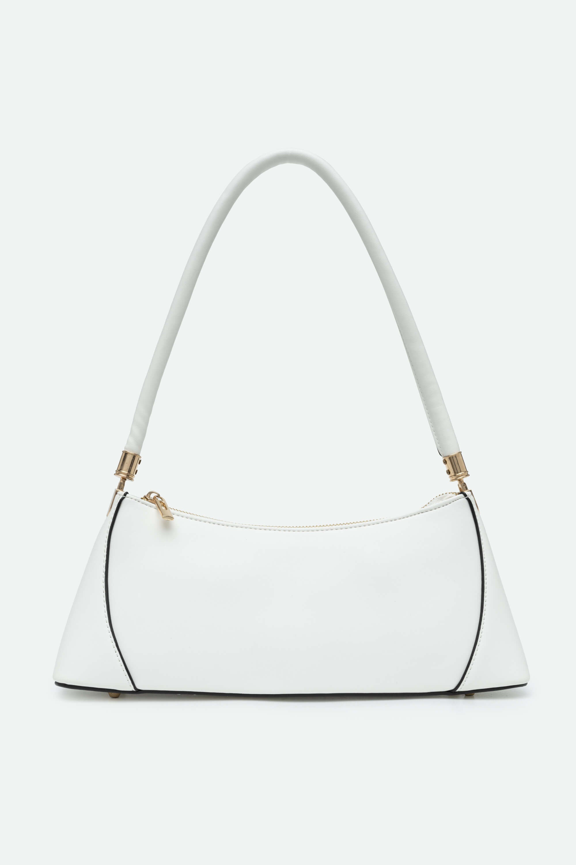 White handbag with a gold clasp on a white background