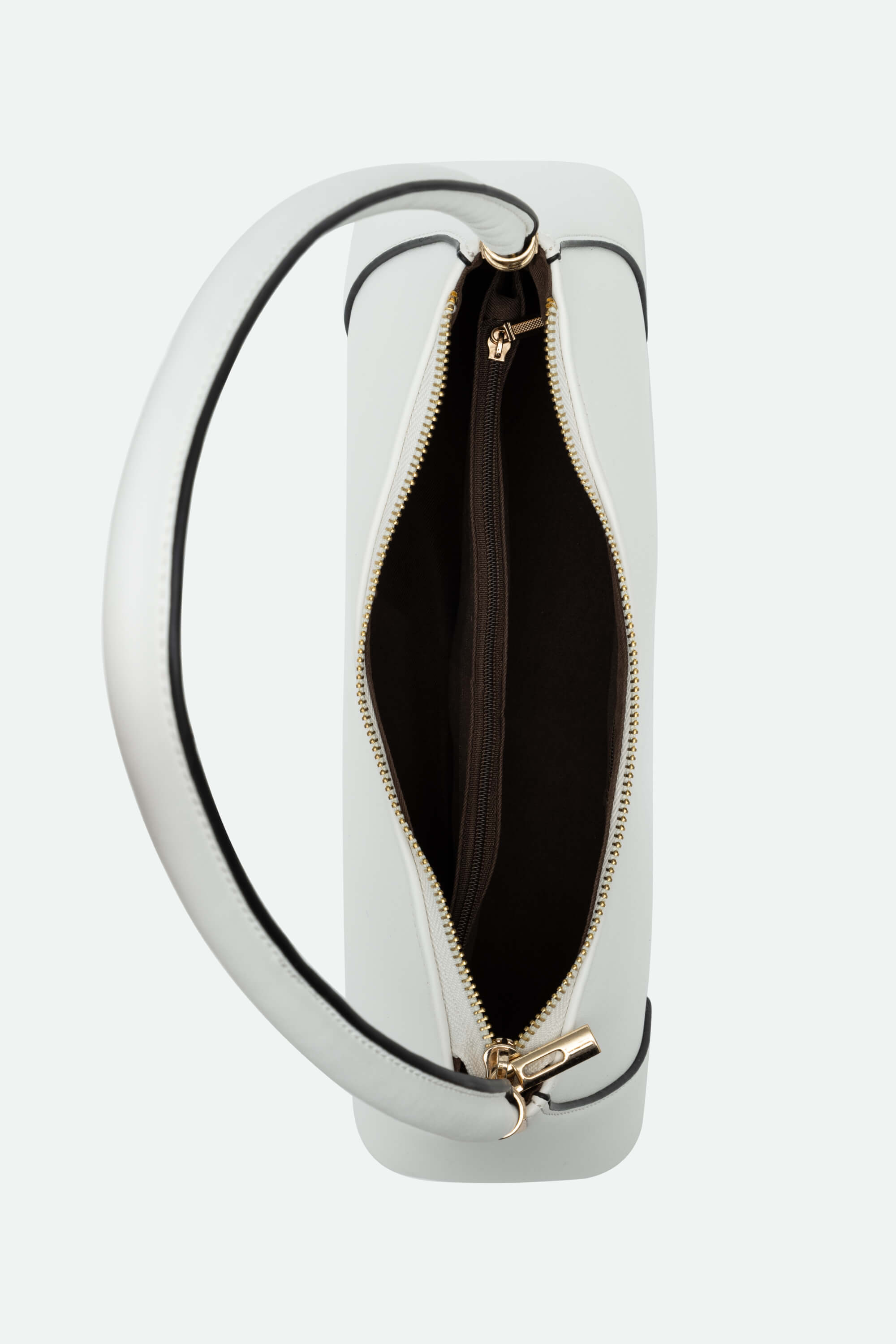 White handbag with a gold zipper on a light gray background