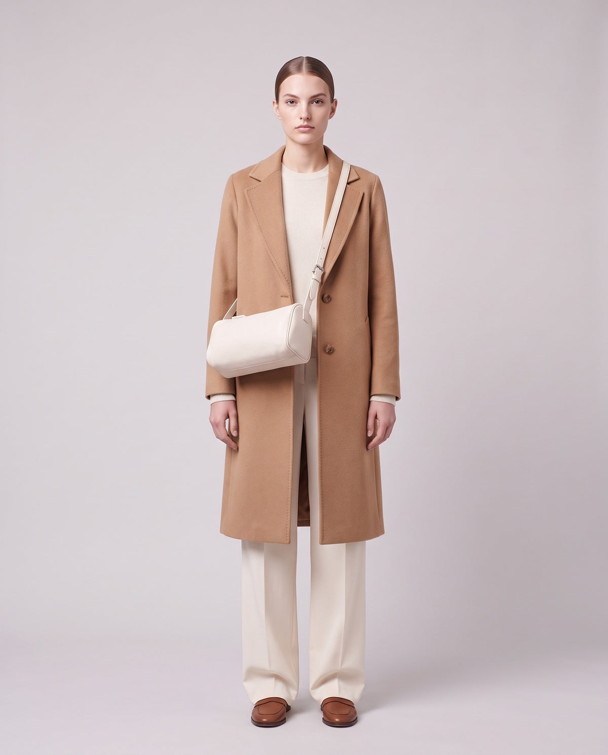 Model carrying the Alba barrel bag in Ivory leather crossbody