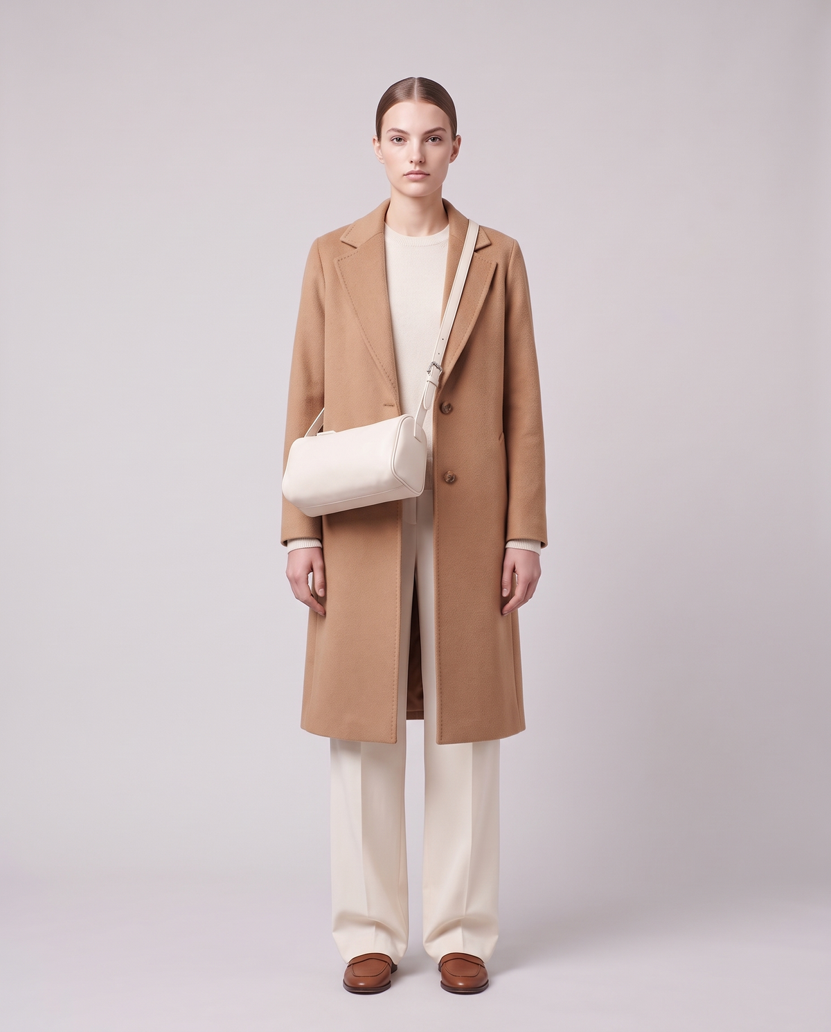 Model carrying the Alba barrel bag in Ivory leather crossbody