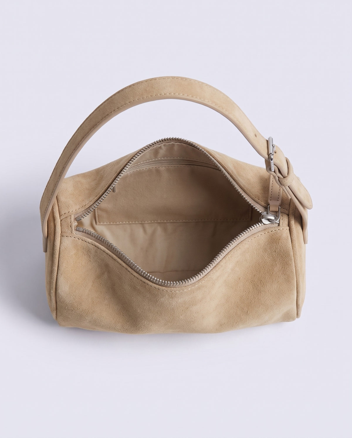 Alba barrel shoulder bag in Beige suede – inside view