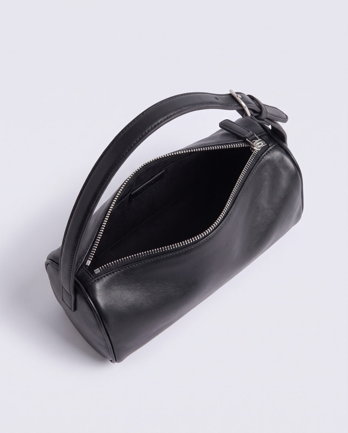 Alba barrel shoulder bag in Black leather – inside view