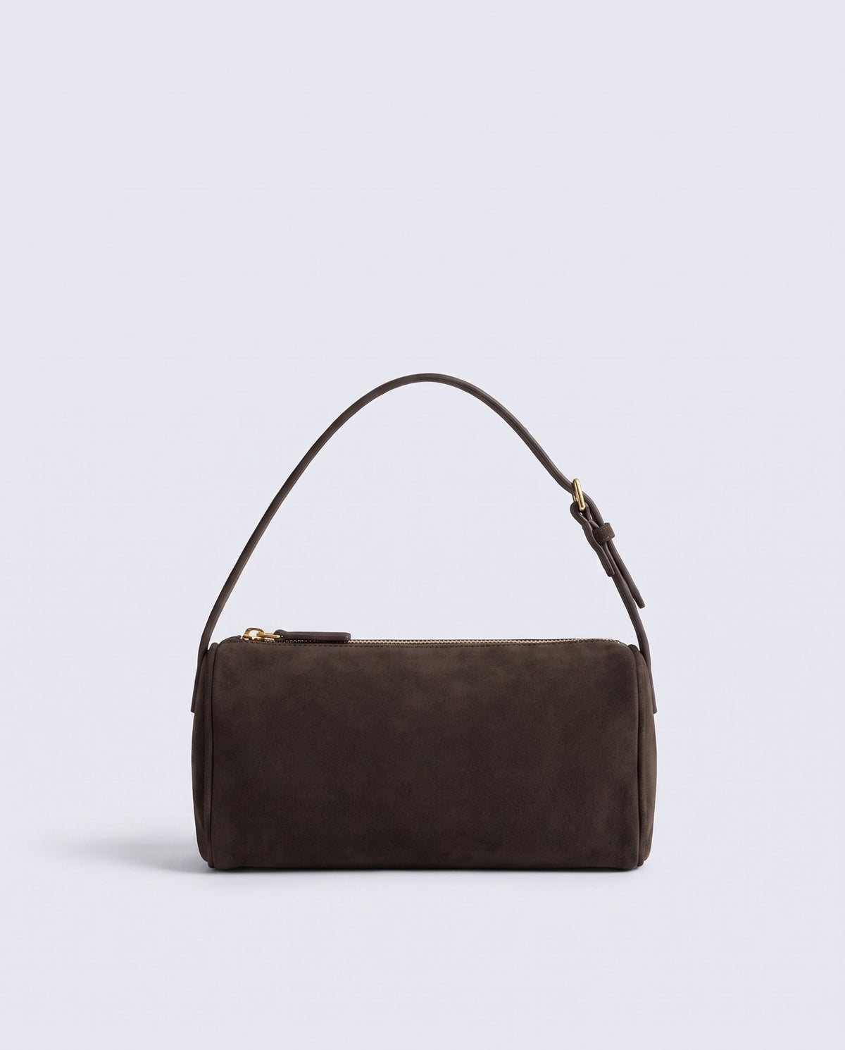 Alba barrel shoulder bag in Espresso suede – front view