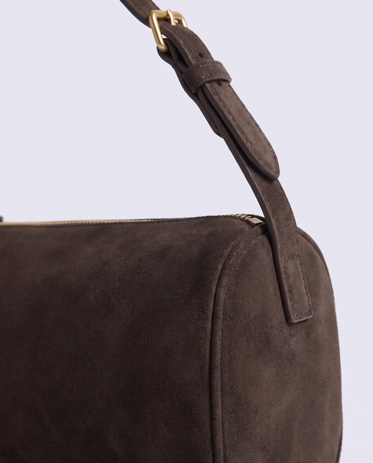 Alba barrel shoulder bag in Espresso suede – close-up of the suede texture