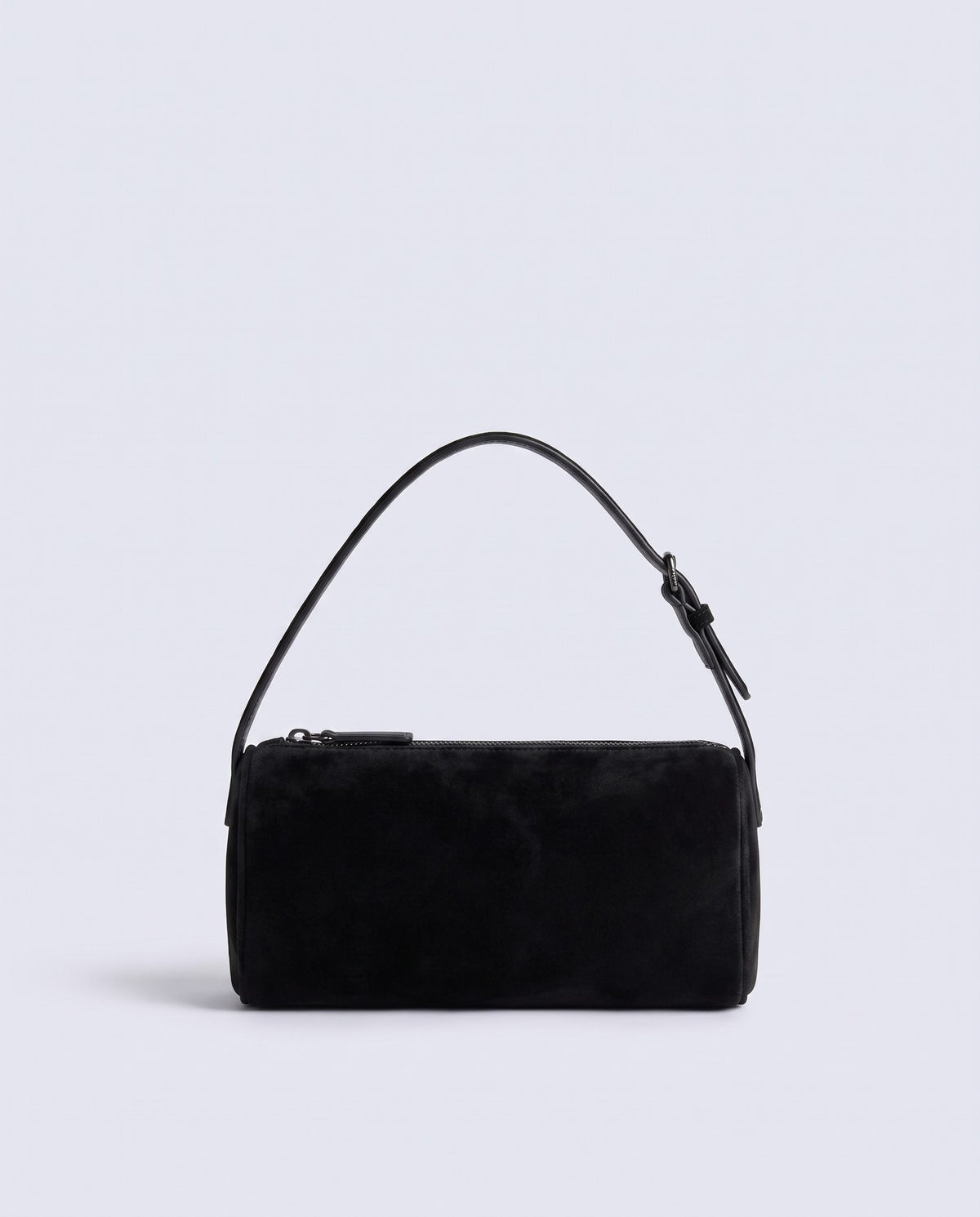 Alba barrel shoulder bag in Onyx black suede – front view