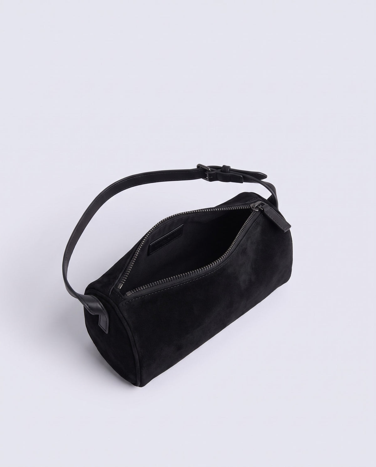 Alba barrel shoulder bag in Onyx black suede – inside view