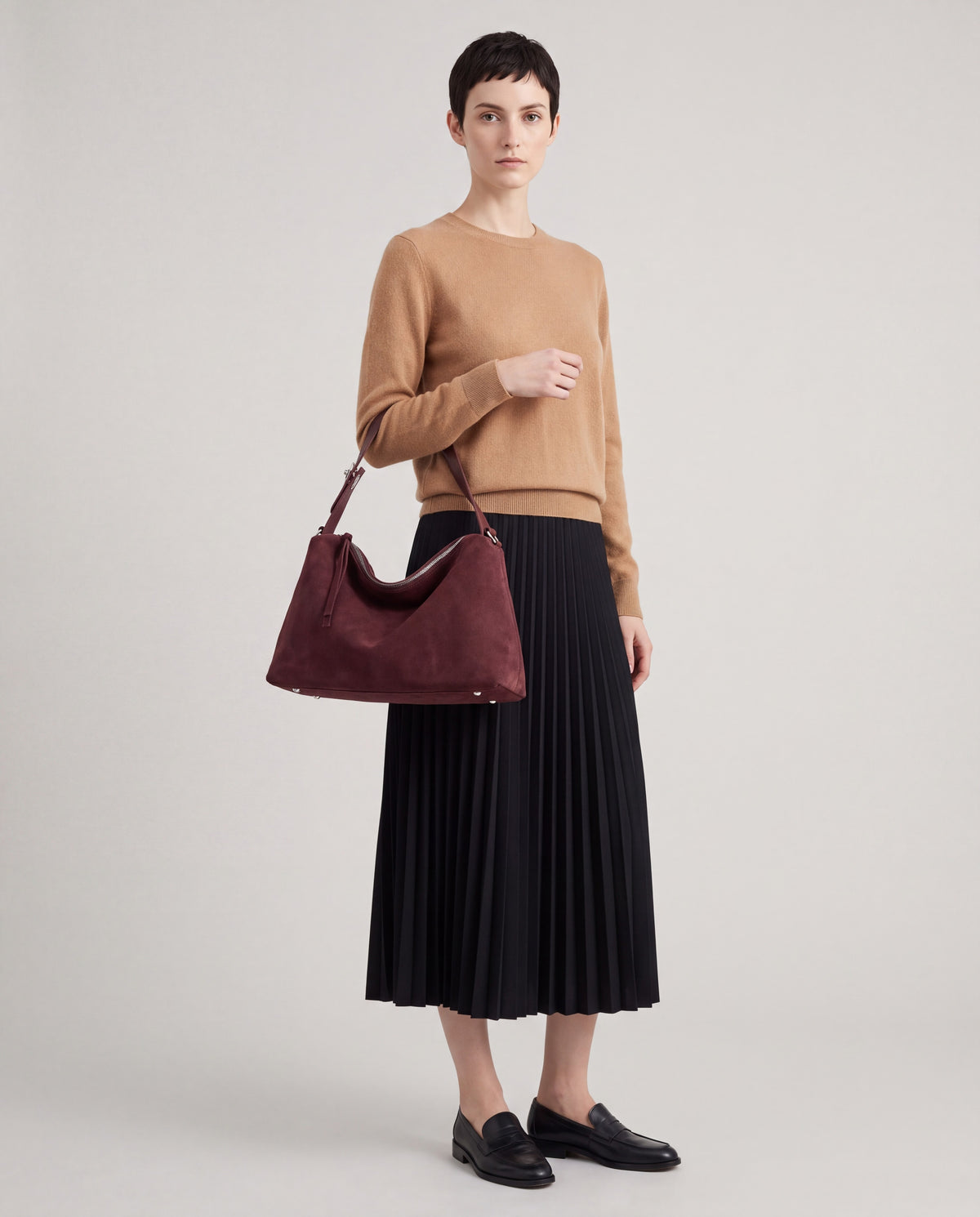 Ardesia bag in Burgundy – worn by model, full length