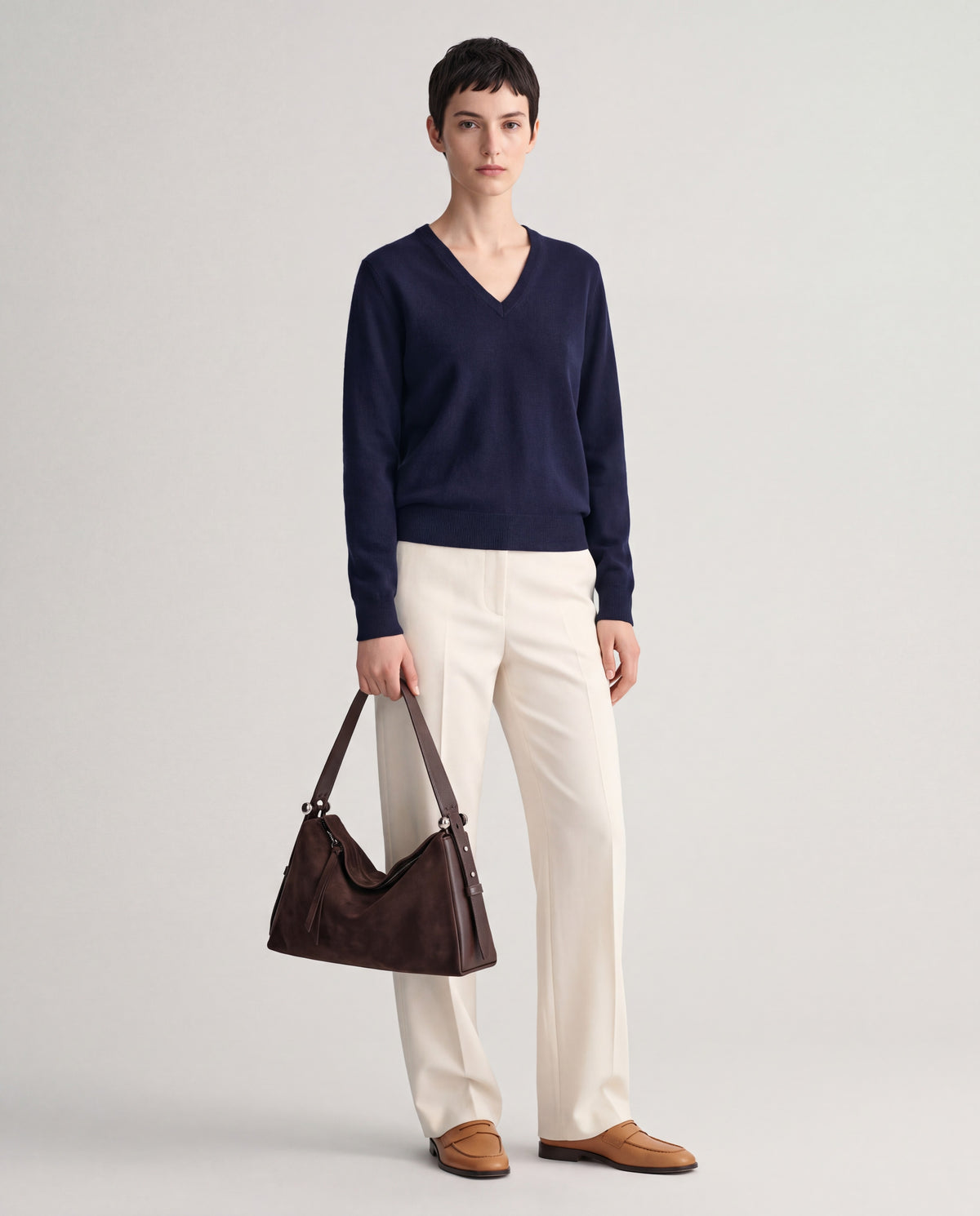 Asti bag in Chocolate – worn by model, full length