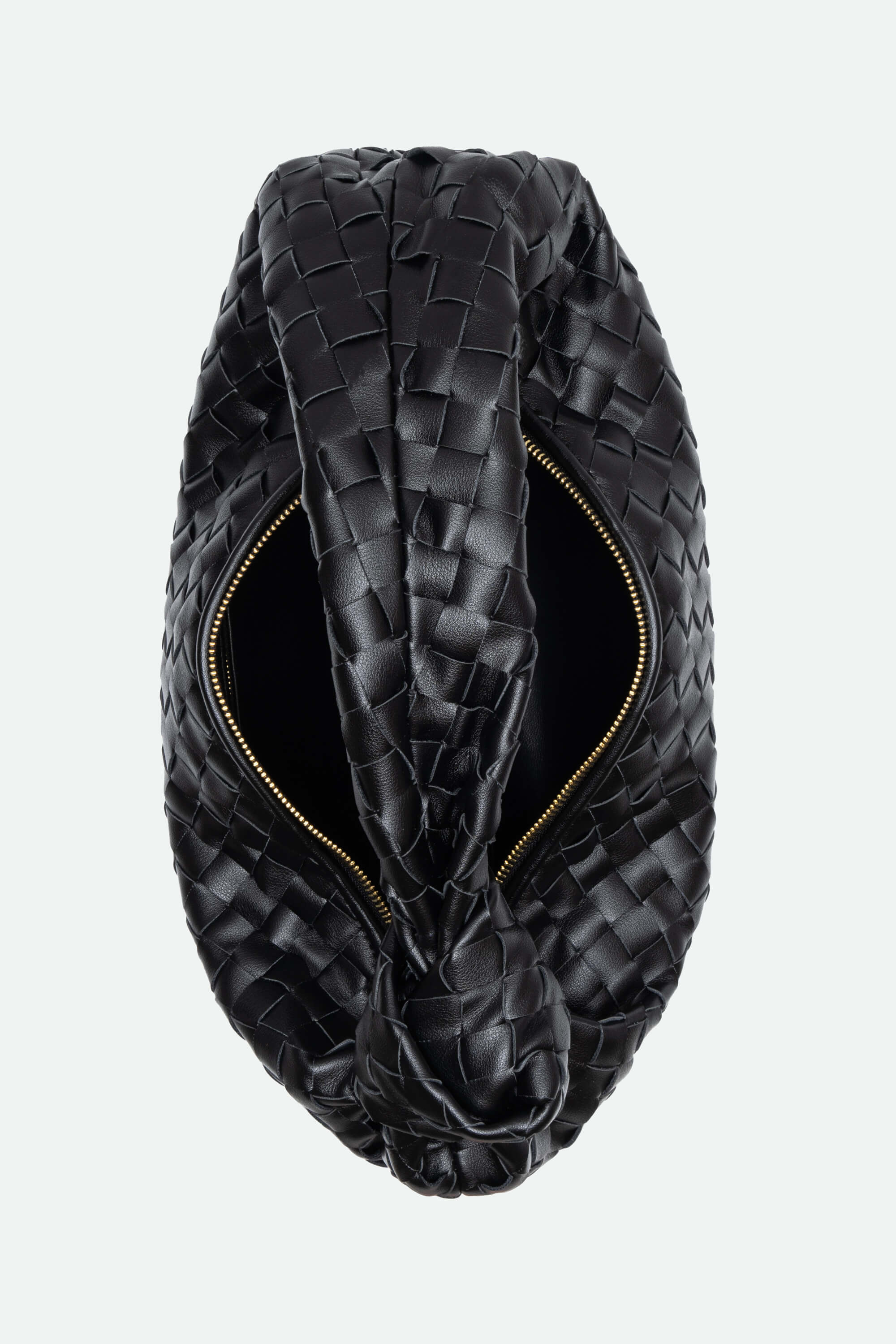 Black woven handbag with a gold zipper on a white background