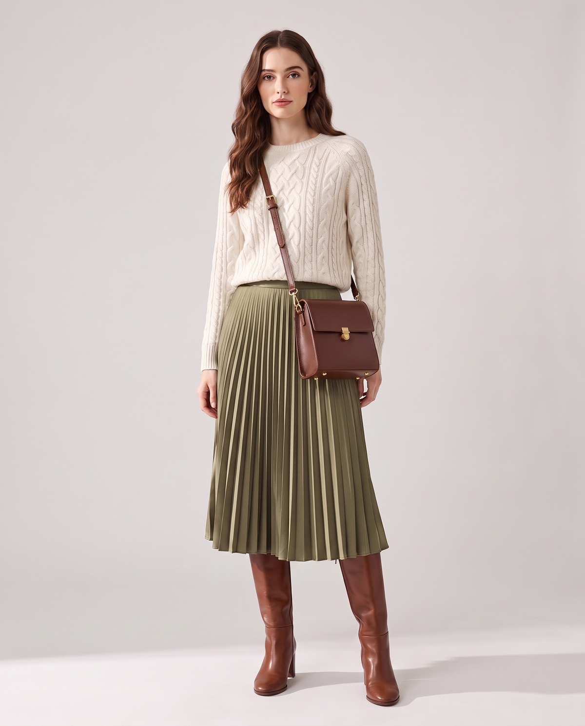 Bloc square vegan leather crossbody bag in Brown – model wearing it crossbody, full length