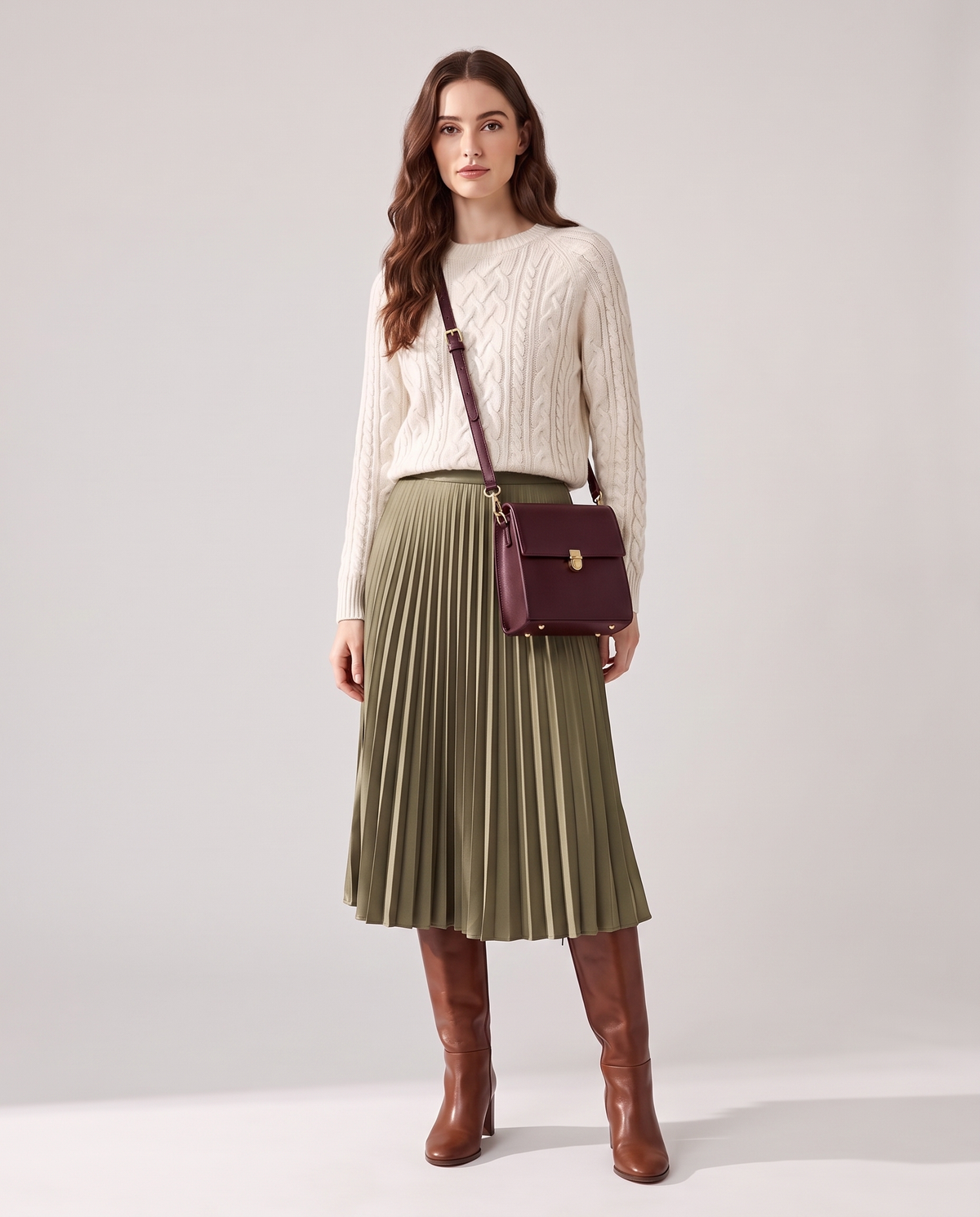 Bloc square vegan leather crossbody bag in Cherry – model wearing it crossbody, full length