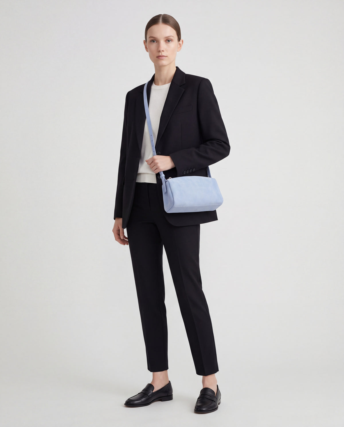 Brera bag in Sky – worn by model, full length