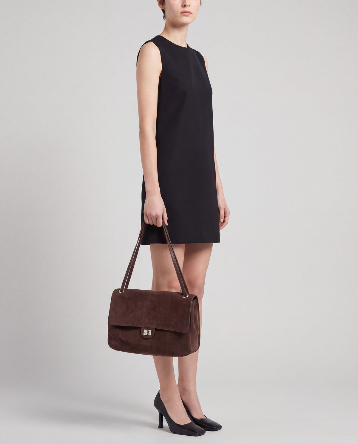 Brio Small bag in Chocolate – worn by model, close-up