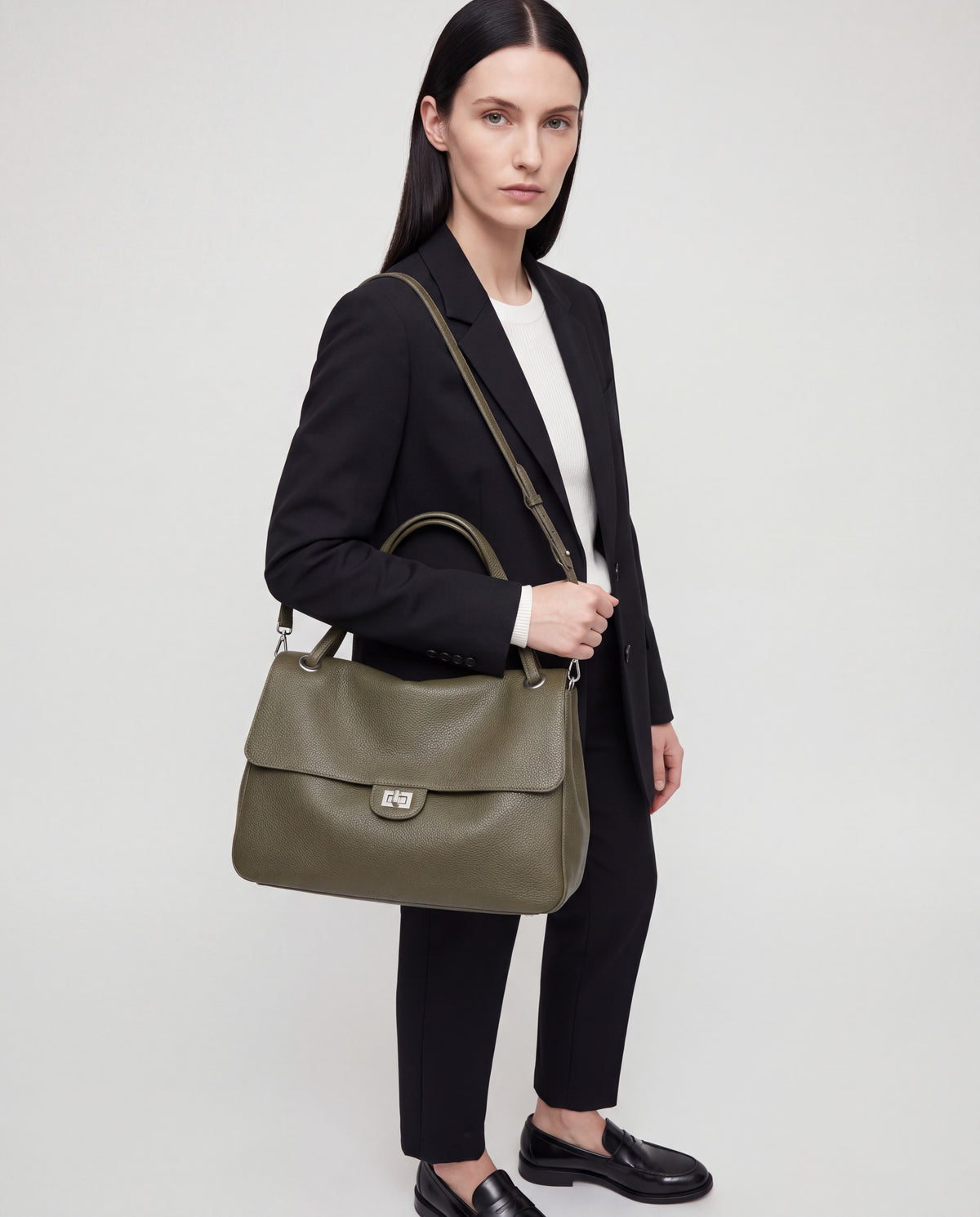 Brio Small bag in Olive – worn by model, close-up