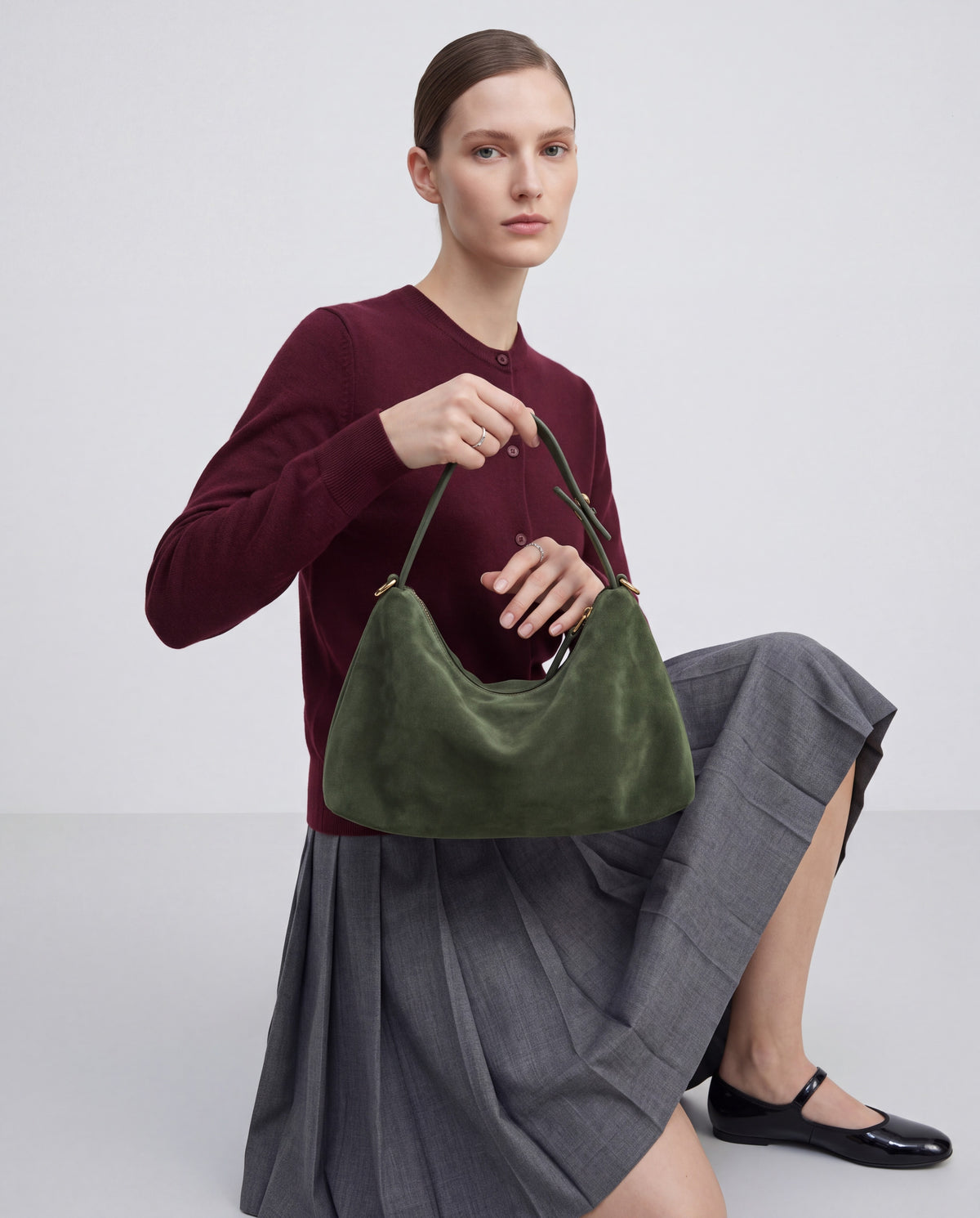 Calma bag in Green – worn by model, close-up