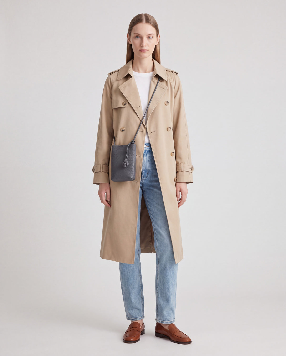 Cara bag in Grey – worn by model, full length