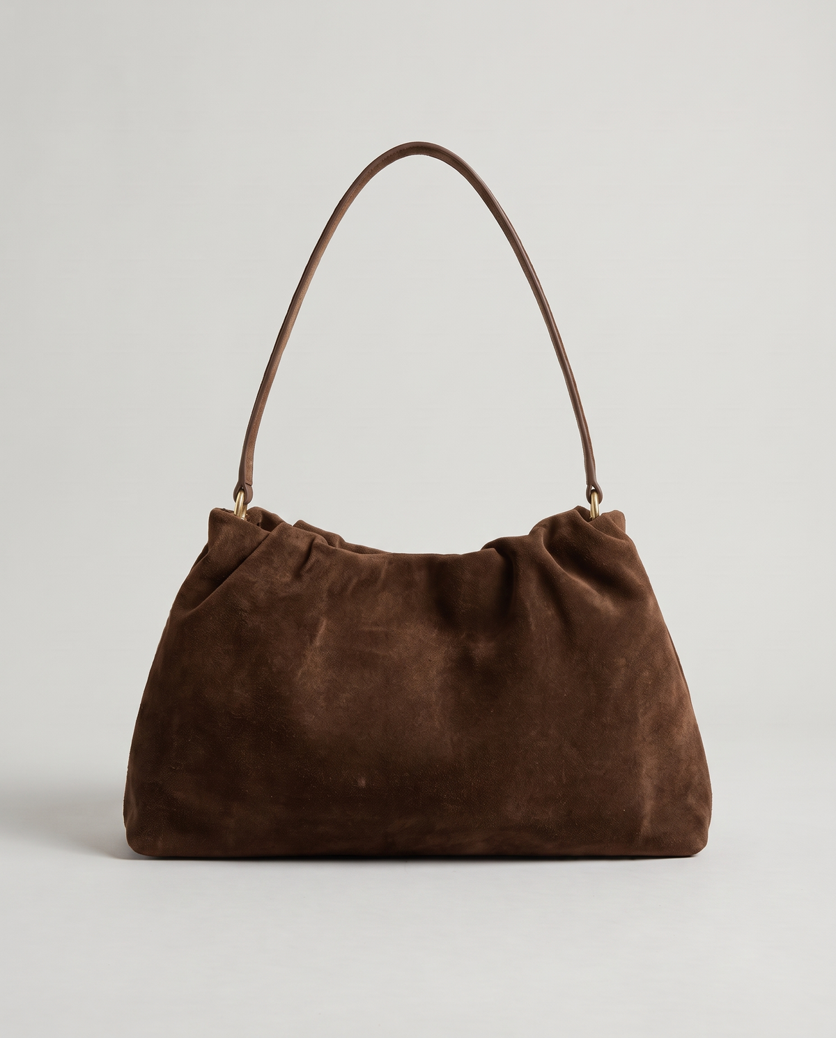 Cielo gathered suede bag in brown, front view