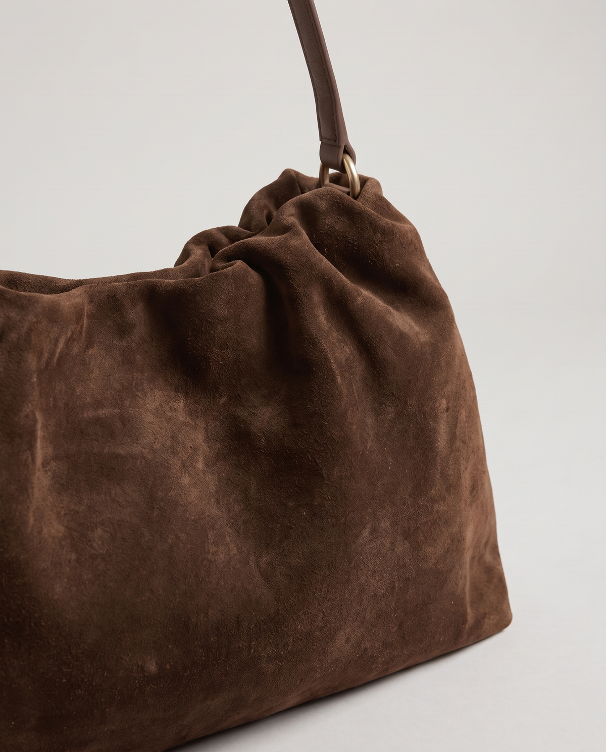 Cielo gathered suede bag in brown, hardware and leather detail