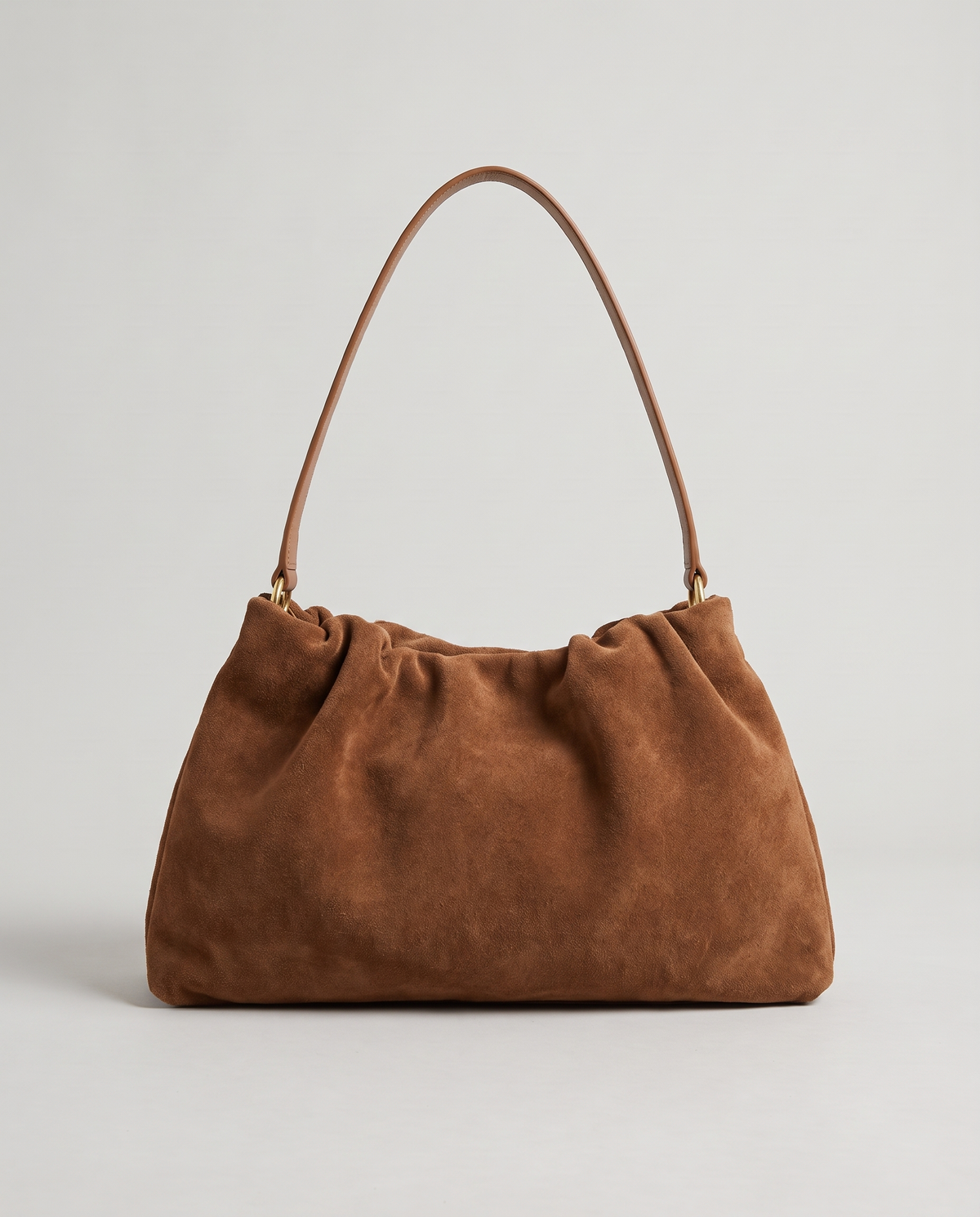 Cielo gathered suede bag in camel, front view