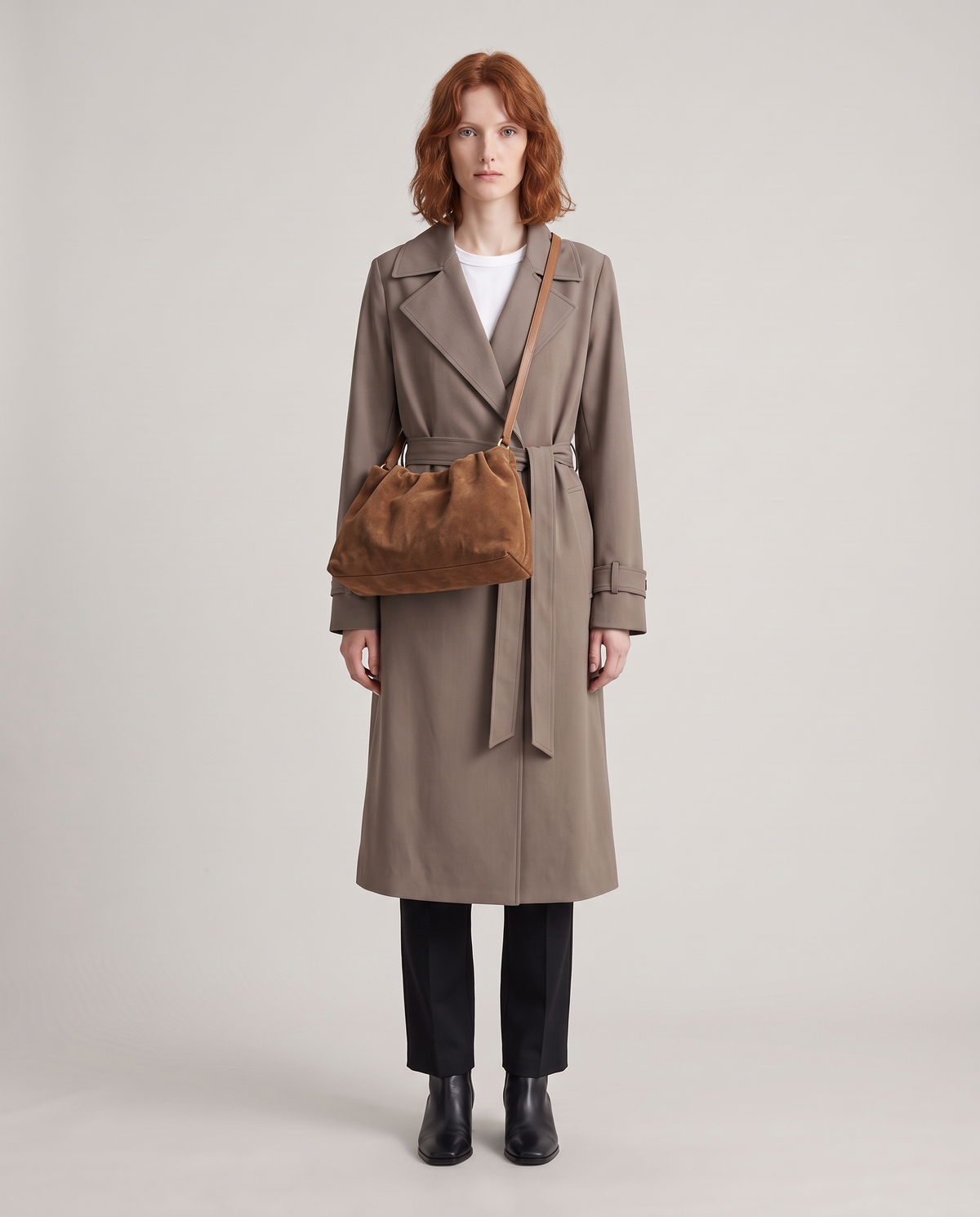 Model with the Cielo gathered suede bag in camel, full length