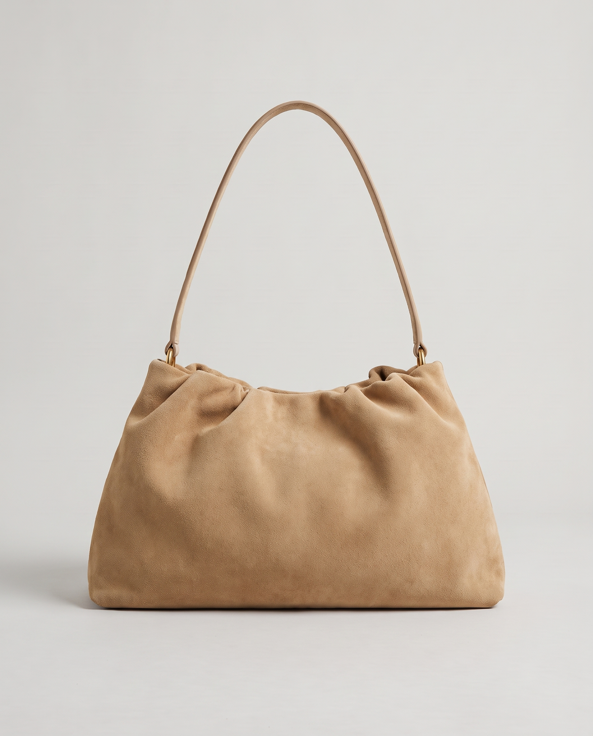 Cielo gathered suede bag in tan, front view