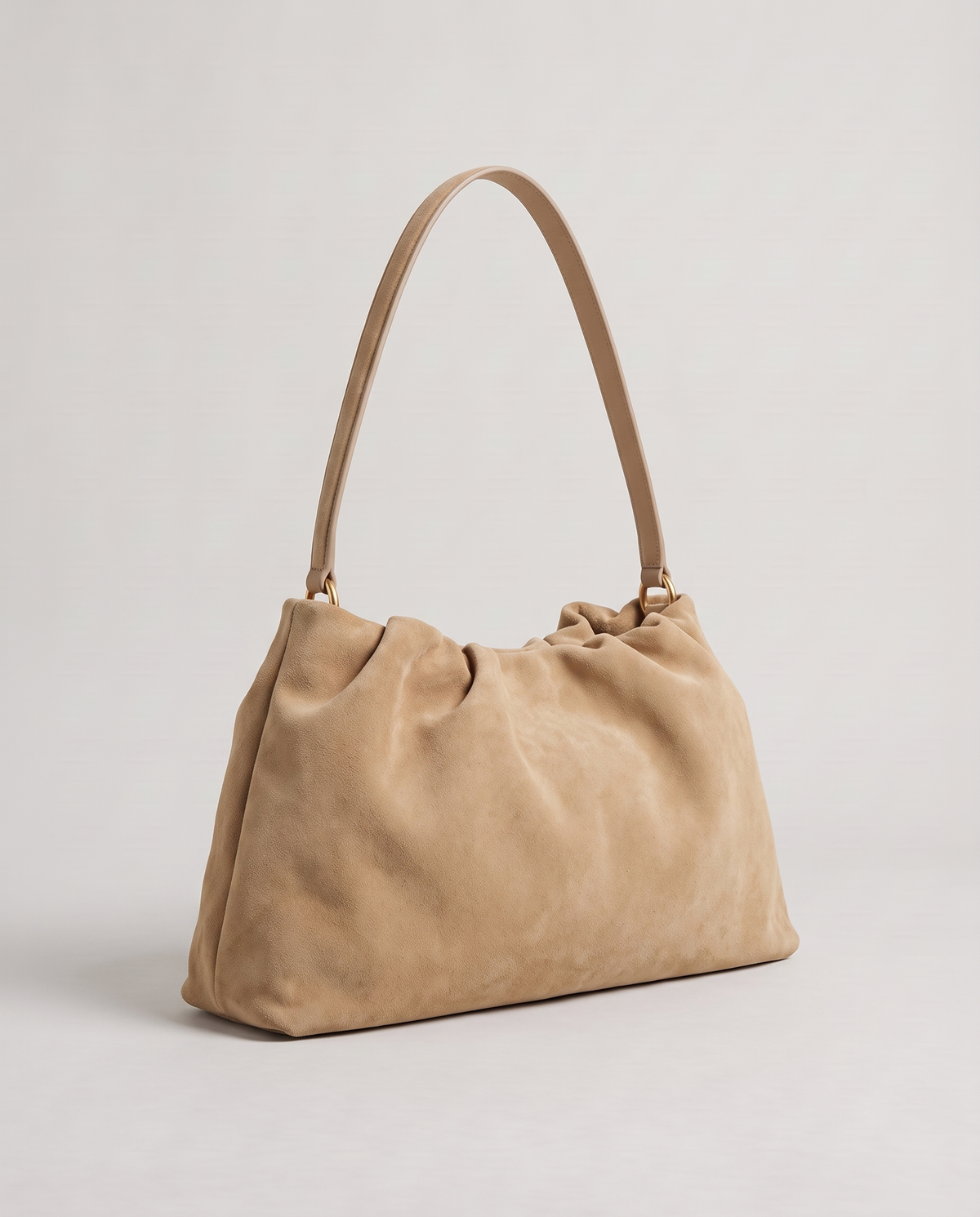 Cielo gathered suede bag in tan, three-quarter view