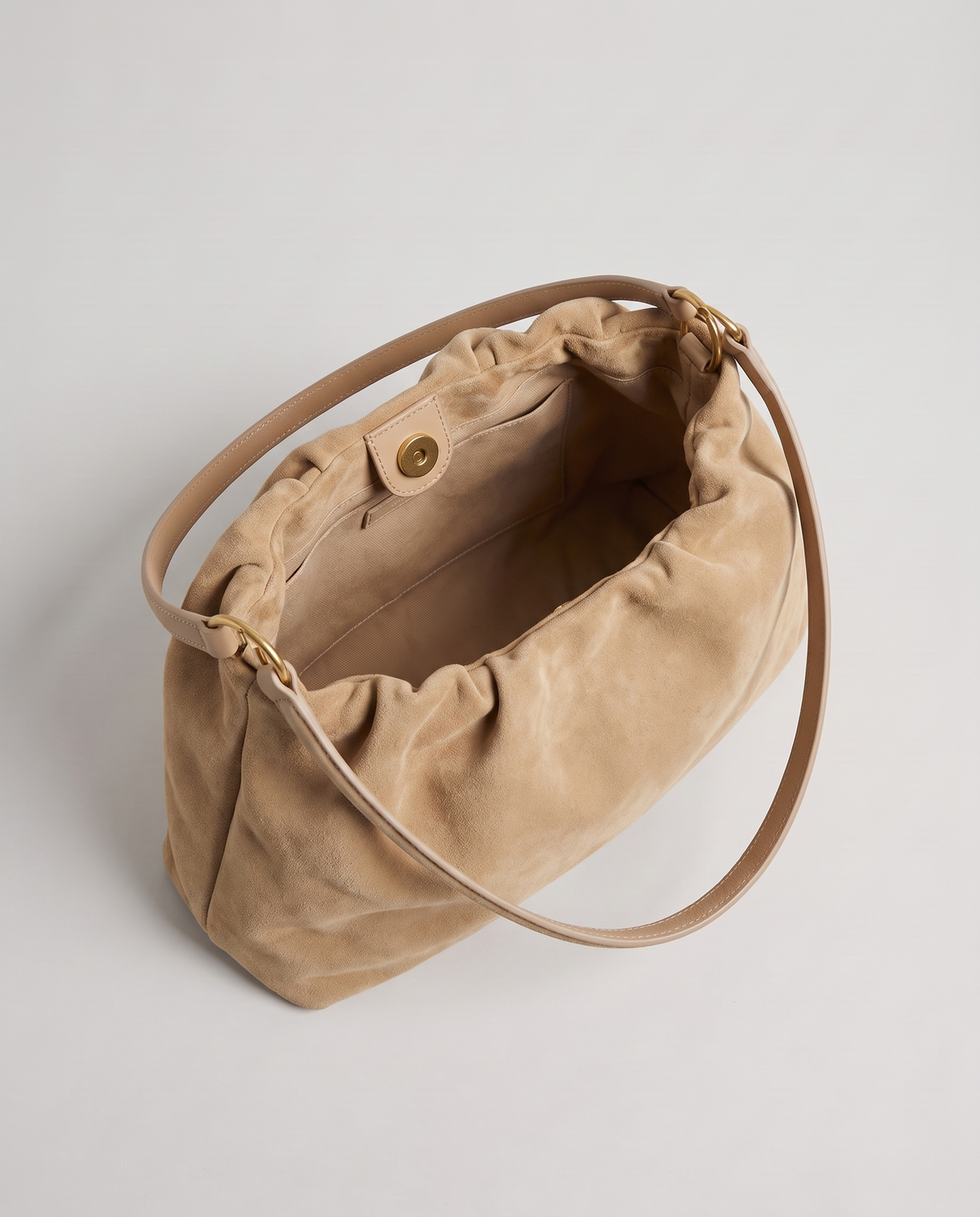 Cielo gathered suede bag in tan, open showing interior