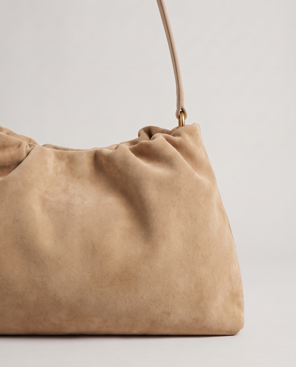 Cielo gathered suede bag in tan, hardware and leather detail