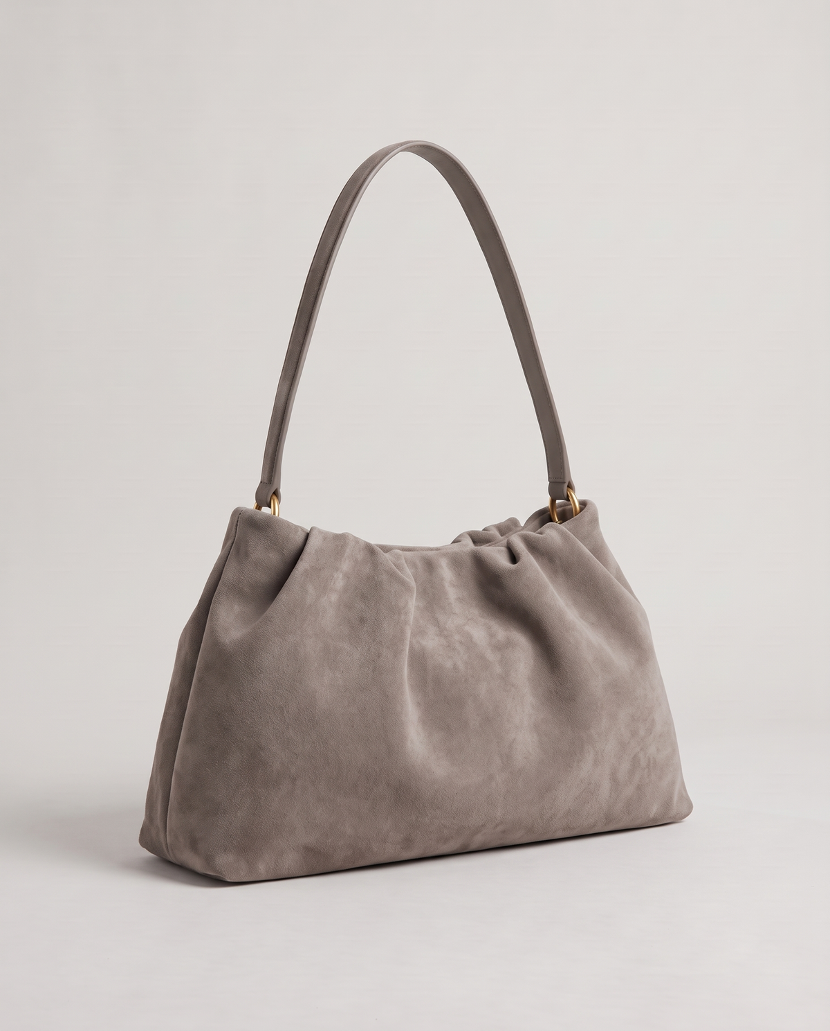 Cielo gathered suede bag in taupe, three-quarter view
