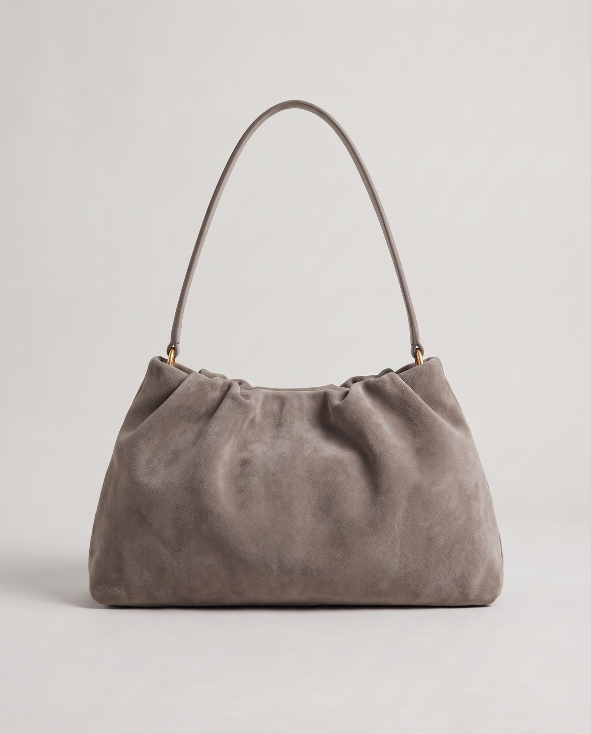 Cielo gathered suede bag in taupe, back view