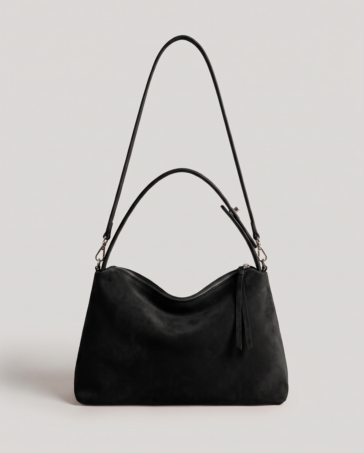 Cima suede shoulder bag in black, front view