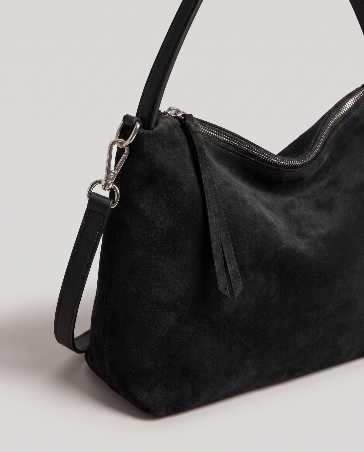 Cima suede shoulder bag in black, hardware and leather detail