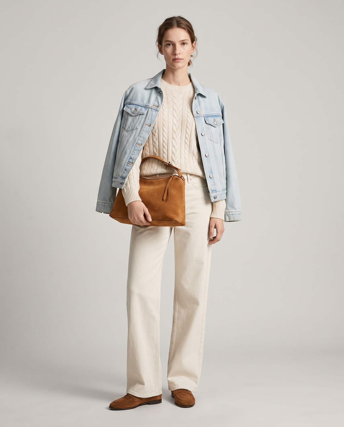 Model with the Cima suede shoulder bag in camel, full length