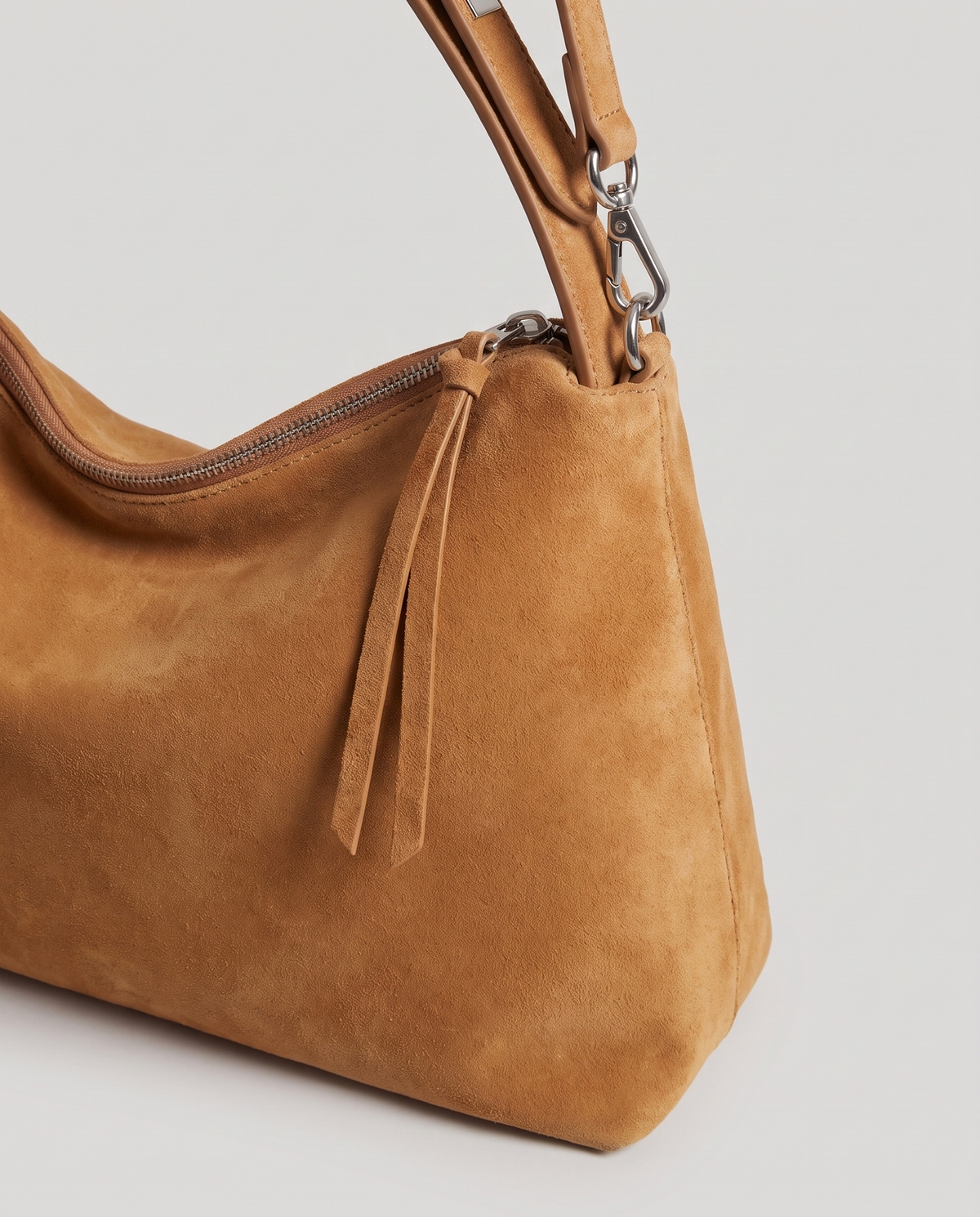 Cima suede shoulder bag in camel, hardware and leather detail