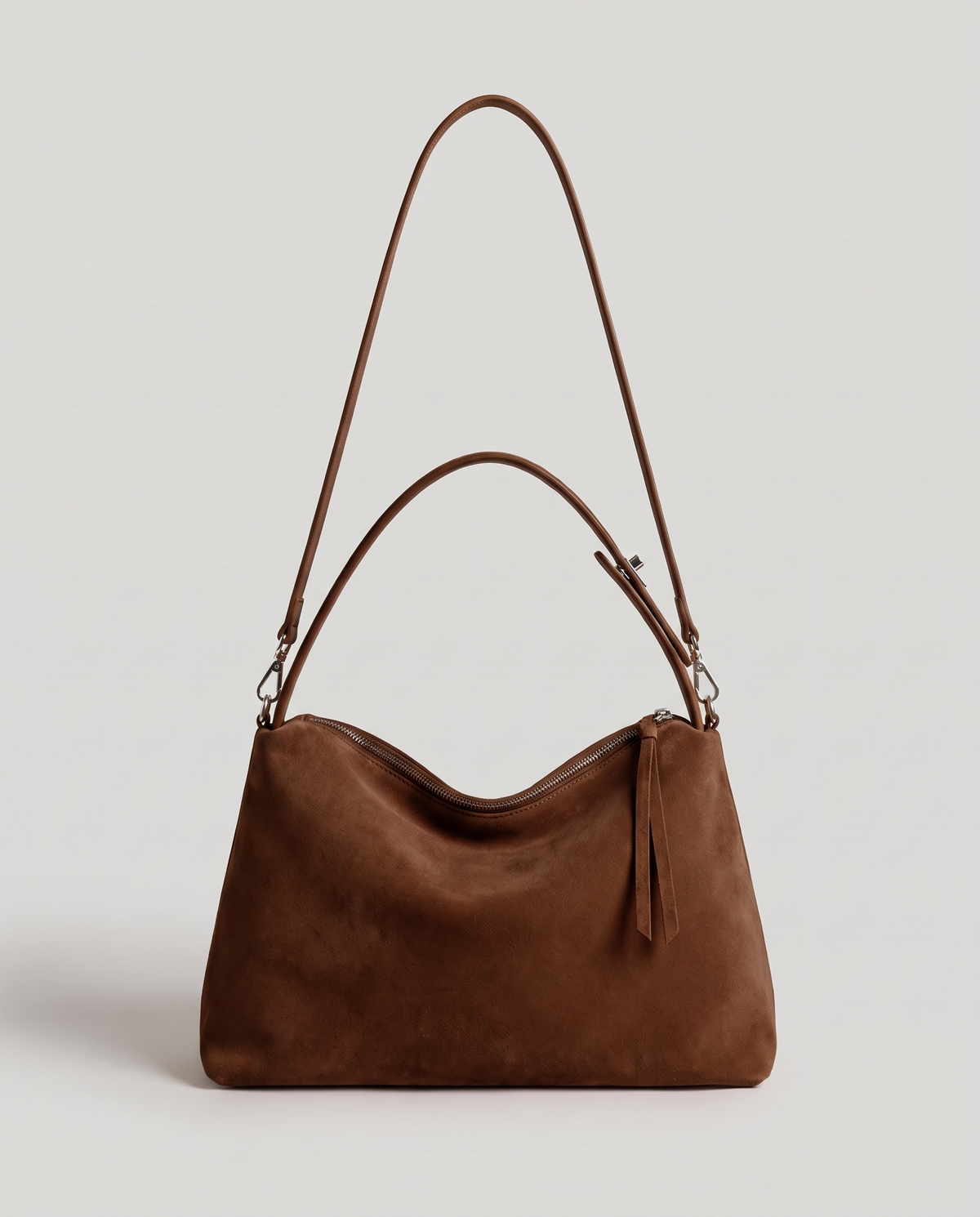 Cima suede shoulder bag in chocolate, front view