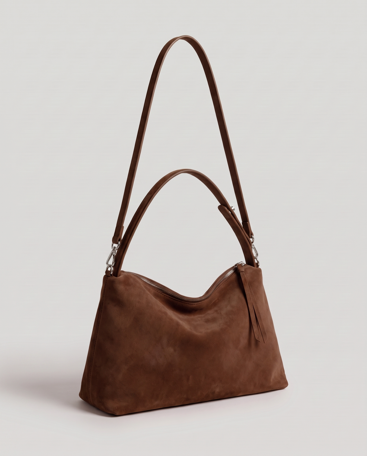 Cima suede shoulder bag in chocolate, three-quarter view