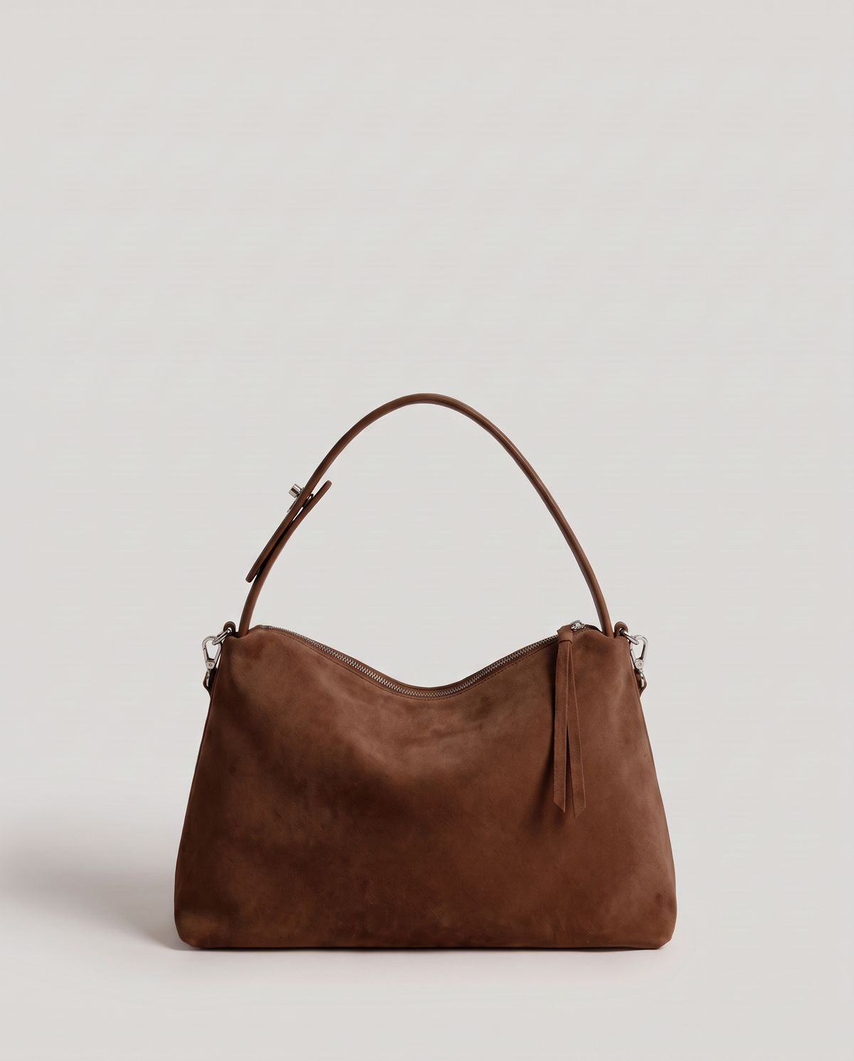 Cima suede shoulder bag in chocolate, back view